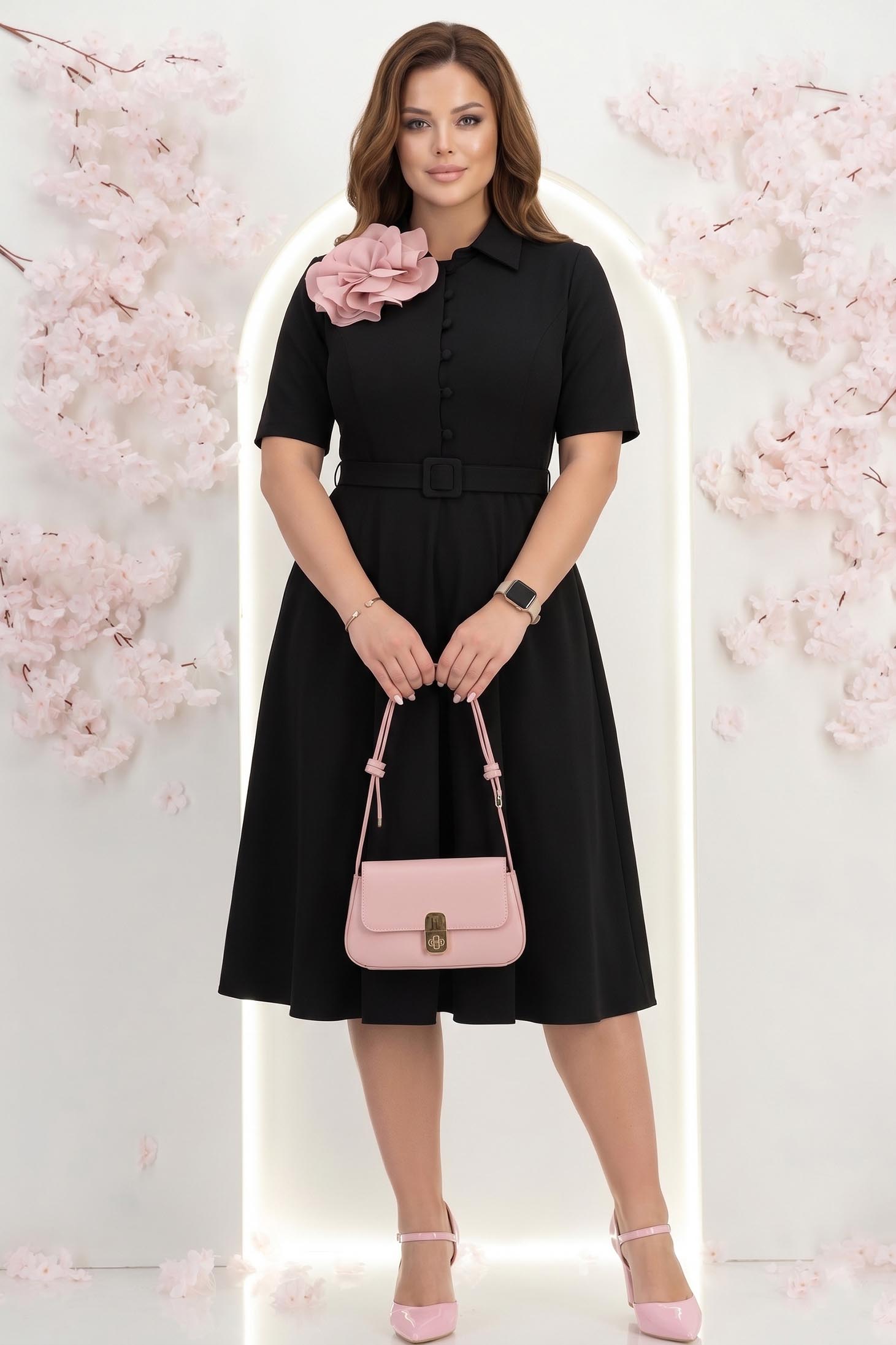 Rochie din stofa neagra midi in clos cu accesoriu tip curea- StarShinerS 2 - StarShinerS.ro