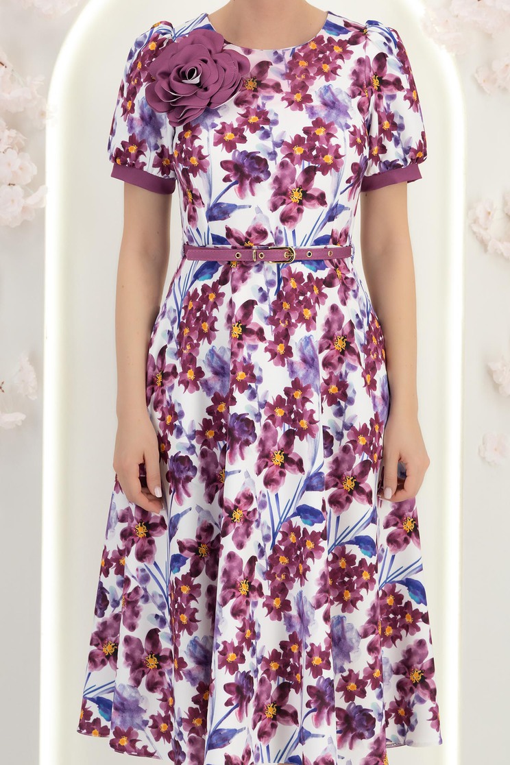 Rochie din stofa mov midi in clos cu accesoriu tip curea si brosa florala - StarShinerS 6 - StarShinerS.ro