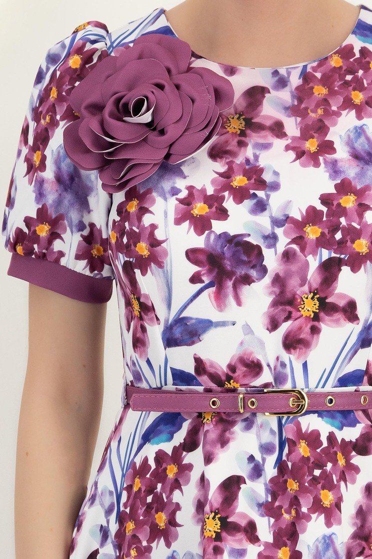 Rochie din stofa mov midi in clos cu accesoriu tip curea si brosa florala - StarShinerS 5 - StarShinerS.ro