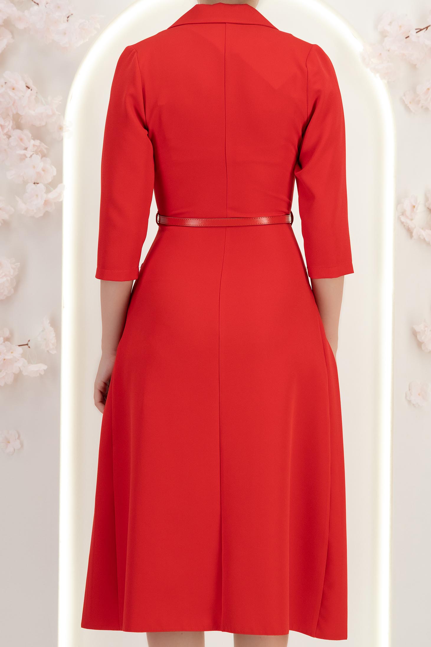 Rochie din stofa rosie midi in clos cu pliuri de material si curea- StarShinerS 6 - StarShinerS.ro