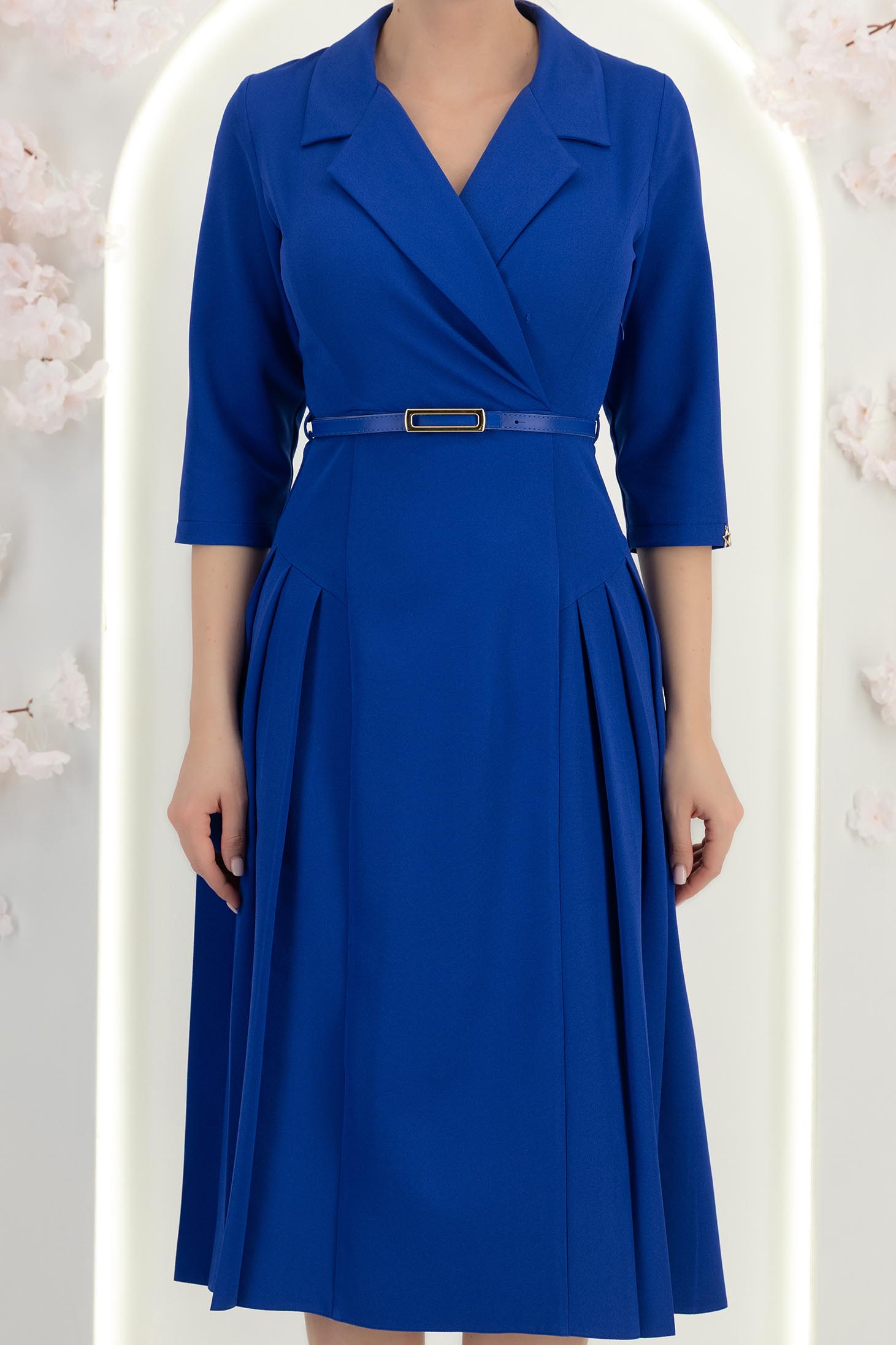 Rochie din stofa albastra midi in clos cu pliuri de material si curea- StarShinerS 6 - StarShinerS.ro