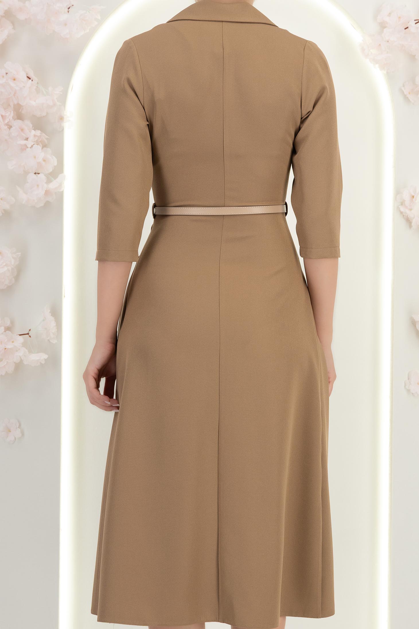 Rochie din stofa bej midi in clos cu pliuri de material si curea- StarShinerS 6 - StarShinerS.ro