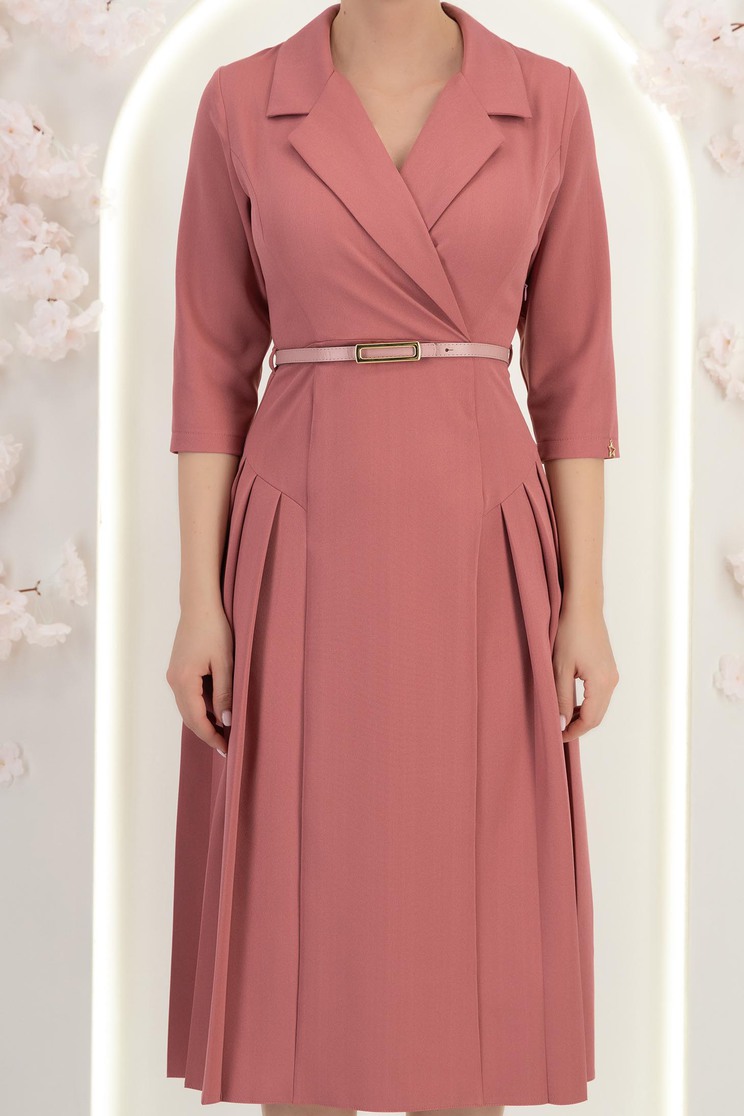 Rochie din stofa roz pudra midi in clos cu pliuri de material si curea- StarShinerS 6 - StarShinerS.ro