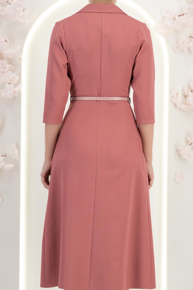 Rochie din stofa roz pudra midi in clos cu pliuri de material si curea- StarShinerS 7 - StarShinerS.ro