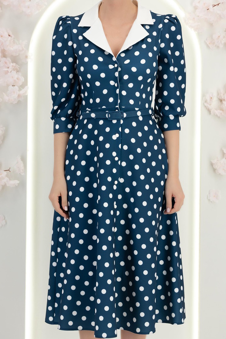 Rochie din stofa bleumarin cu buline midi in clos cu accesoriu tip curea si buzunare - StarShinerS 6 - StarShinerS.ro