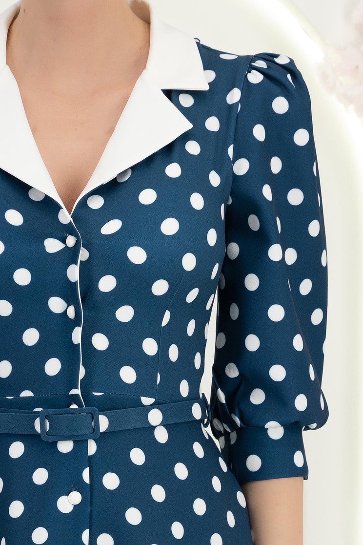 Rochie din stofa bleumarin cu buline midi in clos cu accesoriu tip curea si buzunare - StarShinerS 5 - StarShinerS.ro