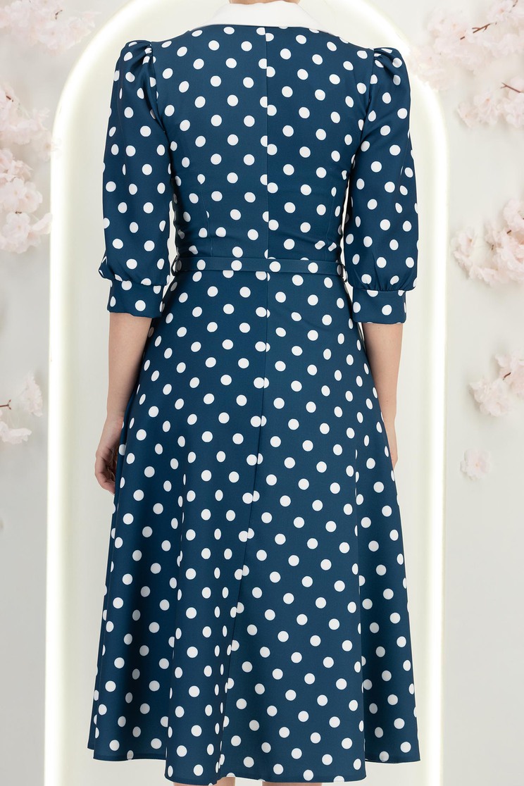 Rochie din stofa bleumarin cu buline midi in clos cu accesoriu tip curea si buzunare - StarShinerS 7 - StarShinerS.ro