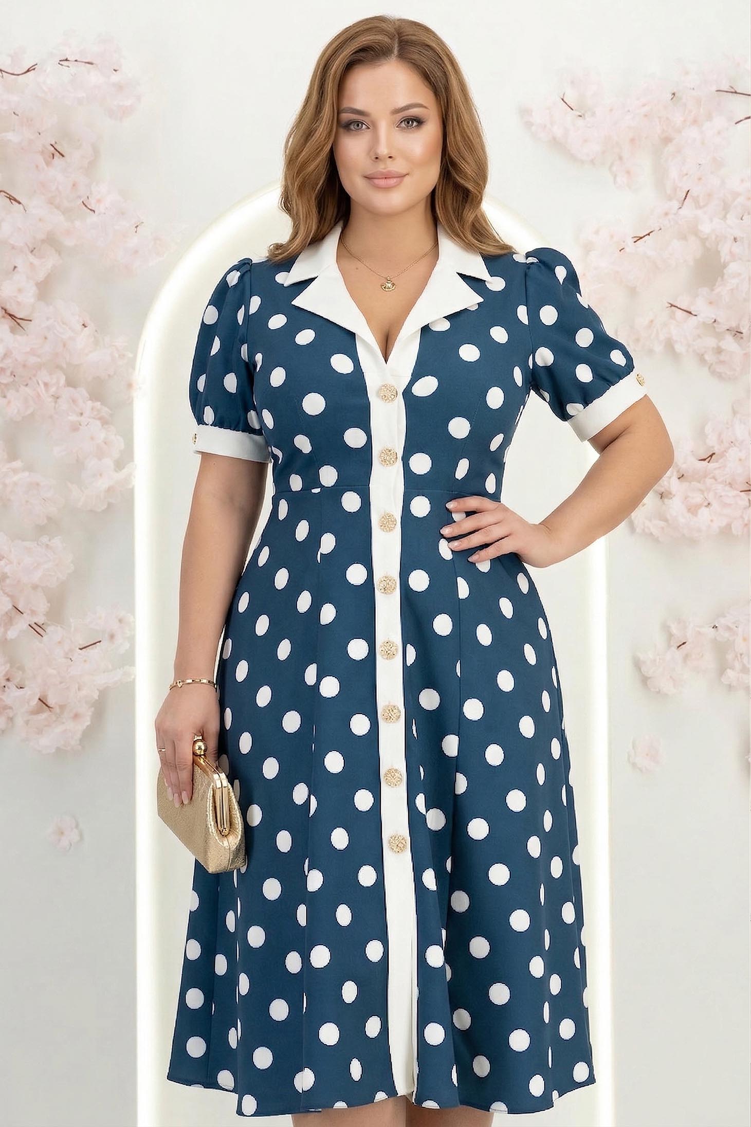 Rochie bleumarin cu buline midi in clos cu accesoriu tip curea si buzunare - StarShinerS 1 - StarShinerS.ro