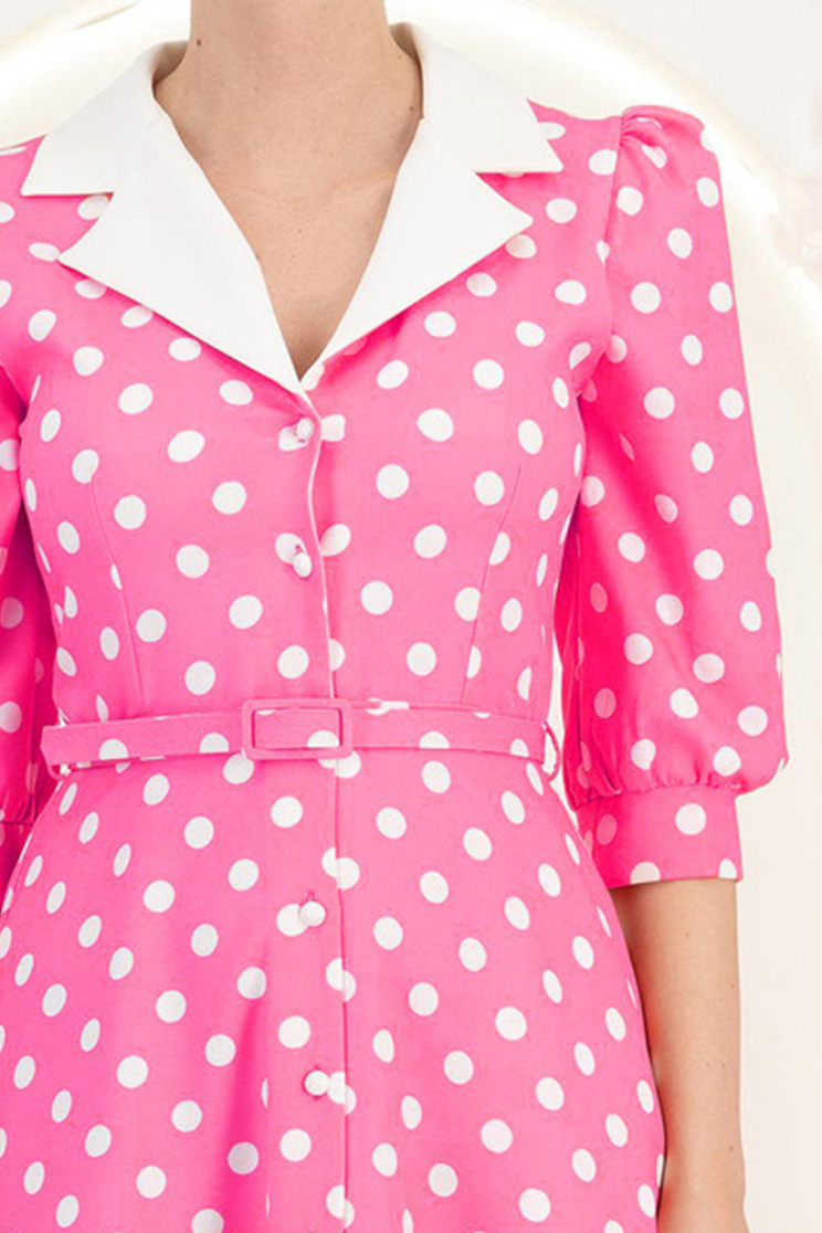 Rochie din stofa roz cu buline midi in clos cu accesoriu tip curea si buzunare - StarShinerS 5 - StarShinerS.ro