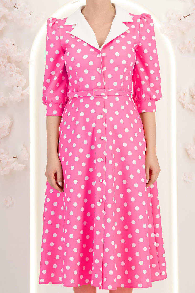 Rochie din stofa roz cu buline midi in clos cu accesoriu tip curea si buzunare - StarShinerS 7 - StarShinerS.ro