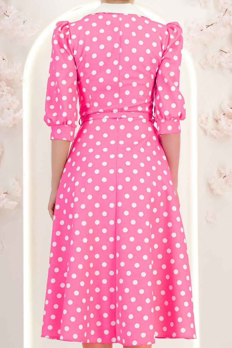 Rochie din stofa roz cu buline midi in clos cu accesoriu tip curea si buzunare - StarShinerS 6 - StarShinerS.ro