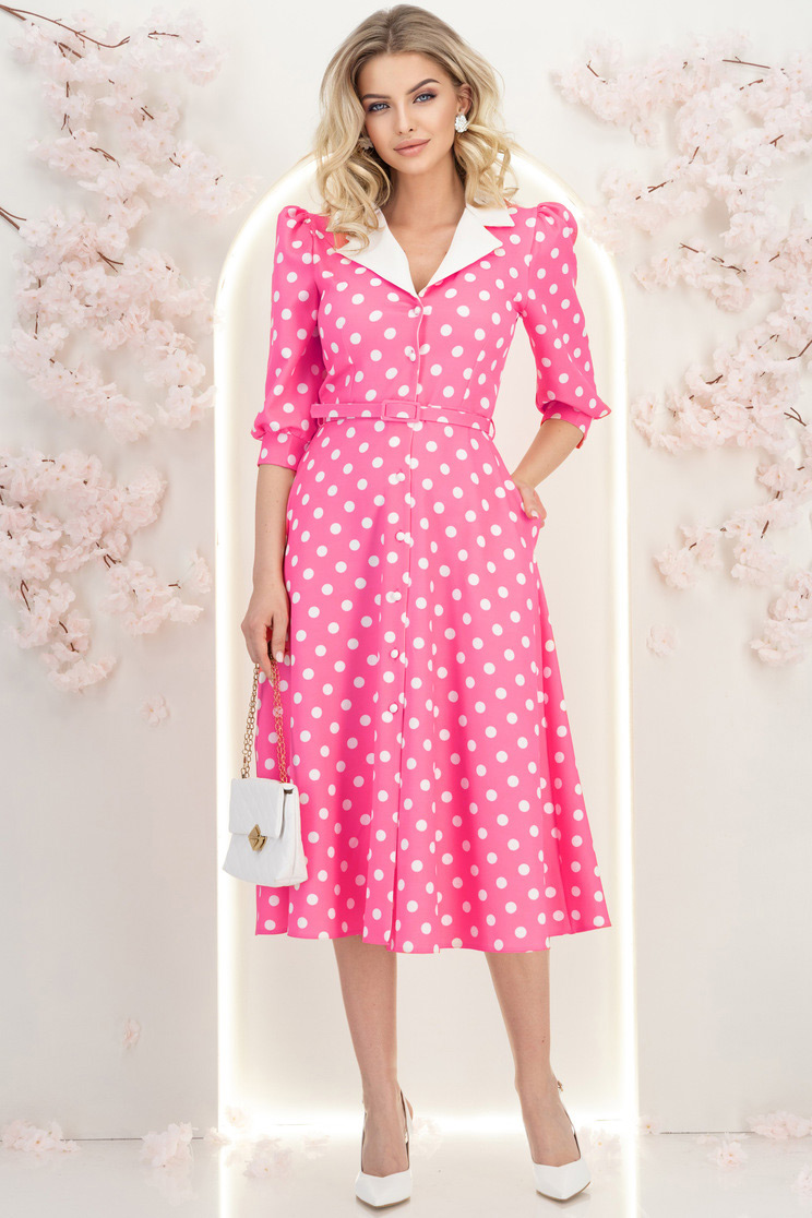 Rochie din stofa roz cu buline midi in clos cu accesoriu tip curea si buzunare - StarShinerS 4 - StarShinerS.ro