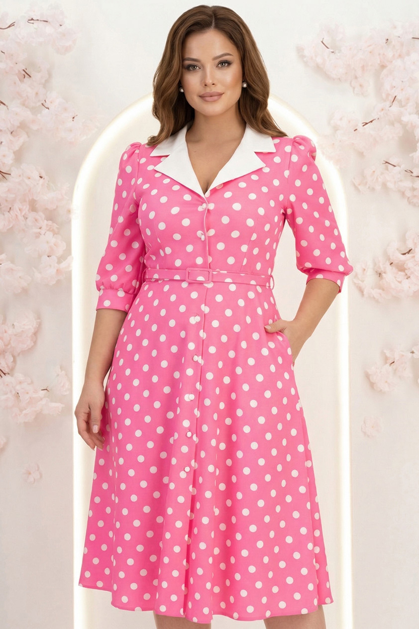 Rochie roz cu buline midi in clos cu accesoriu tip curea si buzunare - StarShinerS 1 - StarShinerS.ro