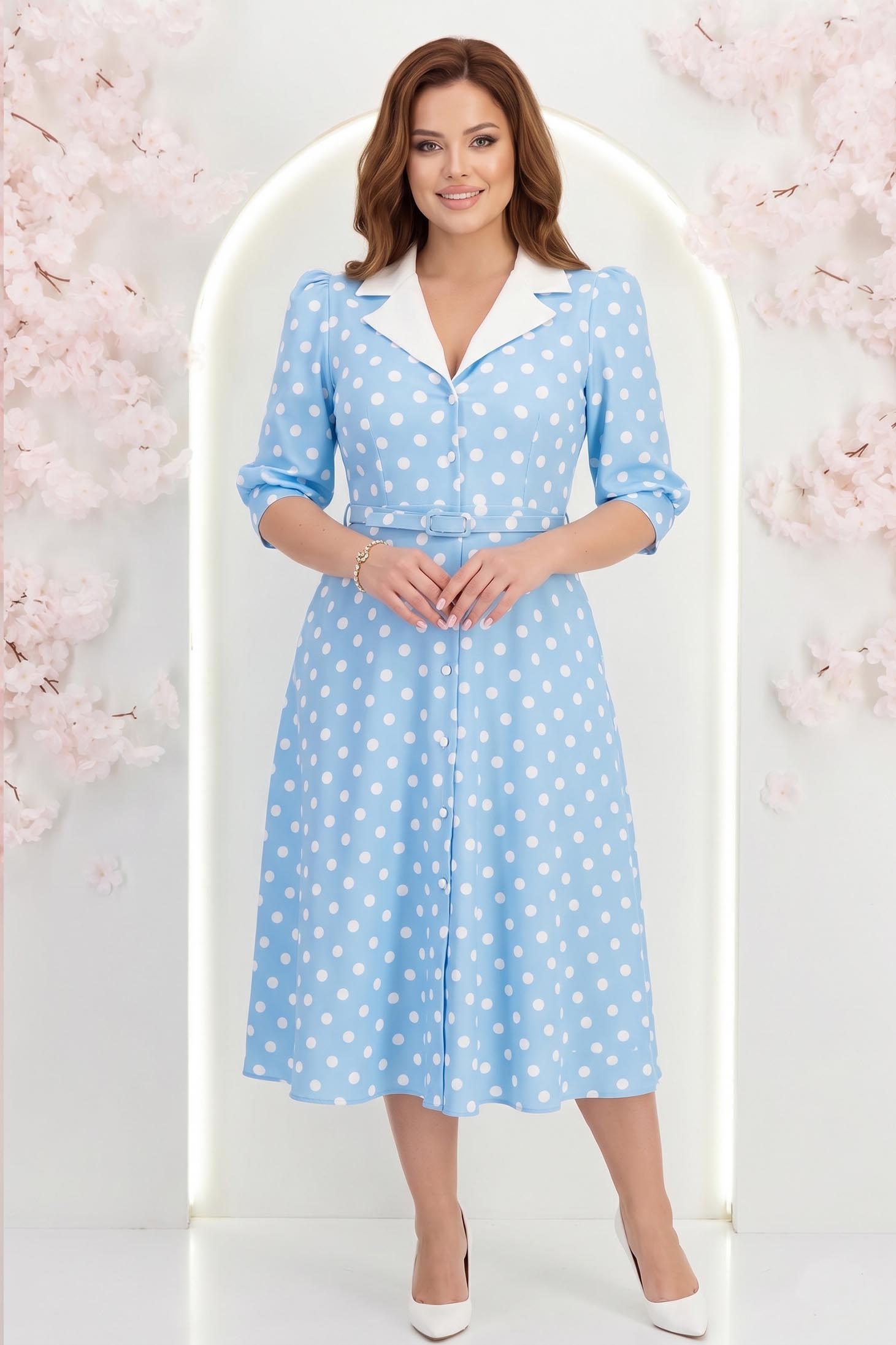 Rochie albastra cu buline midi in clos cu accesoriu tip curea si buzunare - StarShinerS 3 - StarShinerS.ro