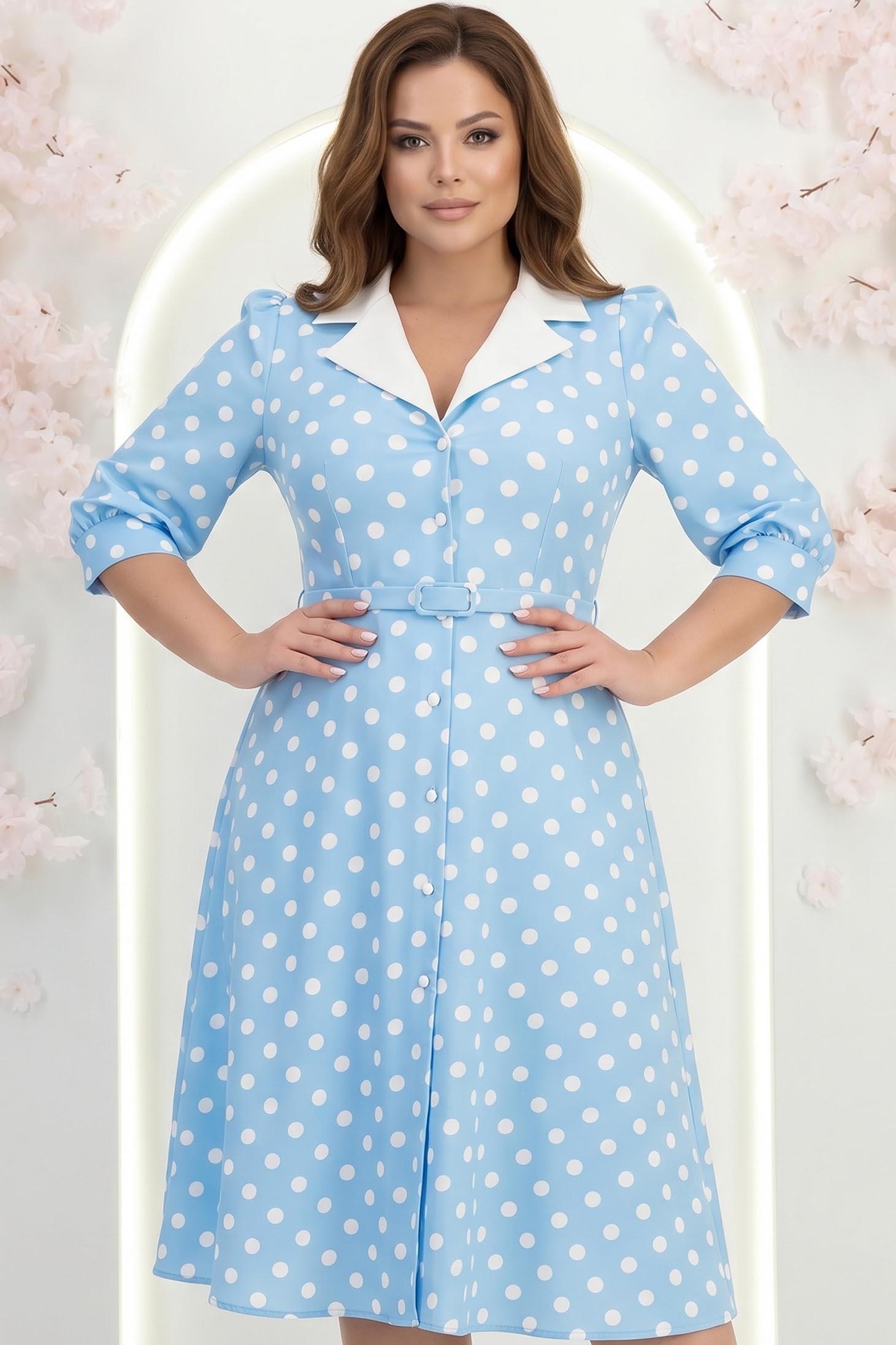 Rochie albastra cu buline midi in clos cu accesoriu tip curea si buzunare - StarShinerS 2 - StarShinerS.ro
