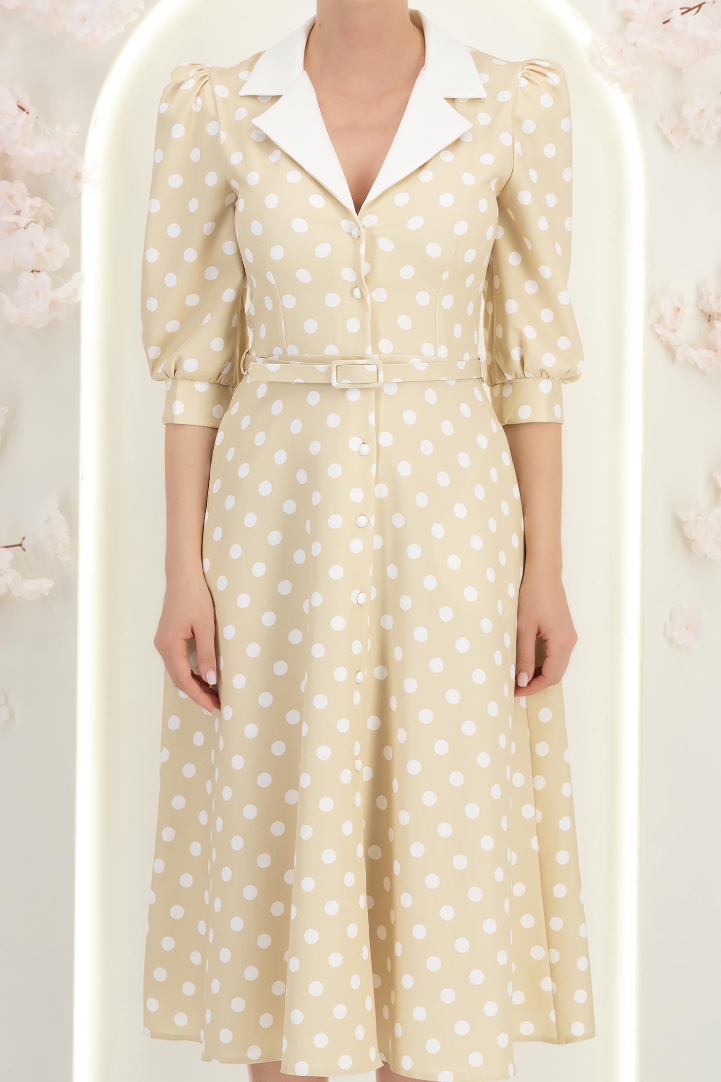 Rochie din stofa crem cu buline midi in clos cu accesoriu tip curea si buzunare - StarShinerS 7 - StarShinerS.ro