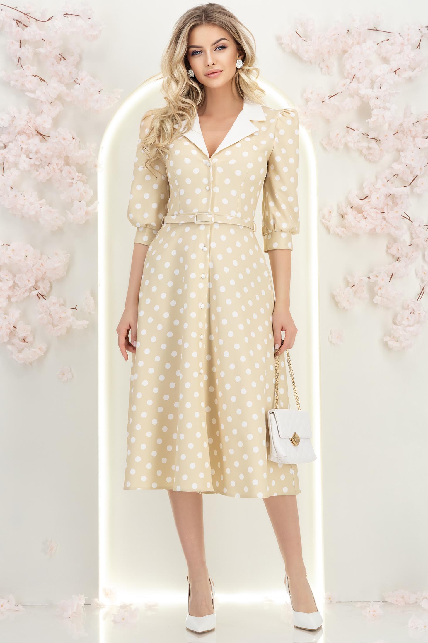 Rochie din stofa crem cu buline midi in clos cu accesoriu tip curea si buzunare - StarShinerS 4 - StarShinerS.ro