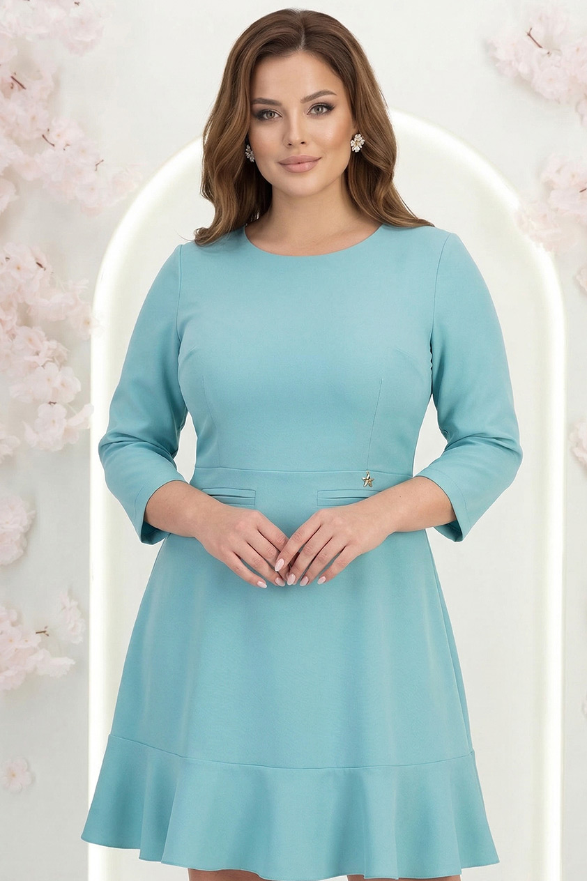 Rochie din stofa turcoaz scurta in clos cu volanas la baza fustei- StarShinerS 1 - StarShinerS.ro