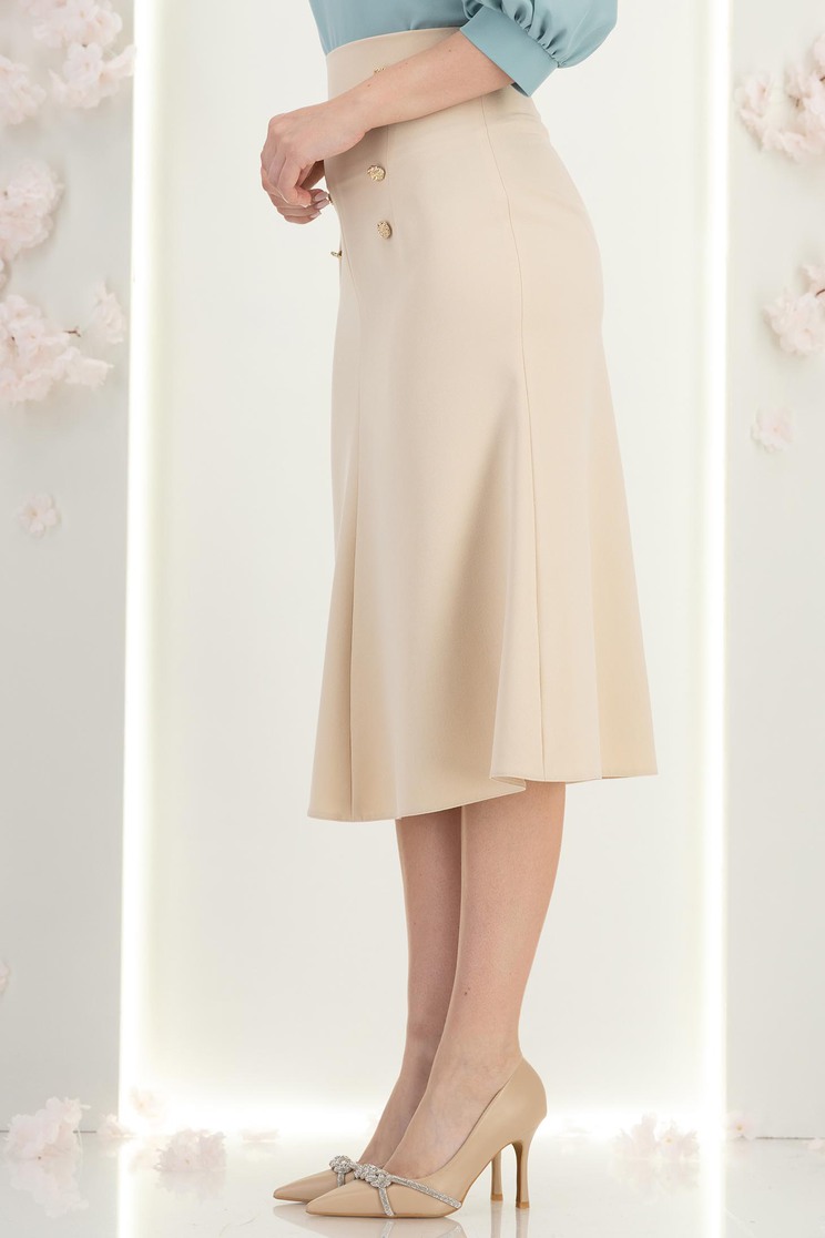 Fusta din stofa crem midi in clini cu nasturi decorativi aurii - StarShinerS 3 - StarShinerS.ro