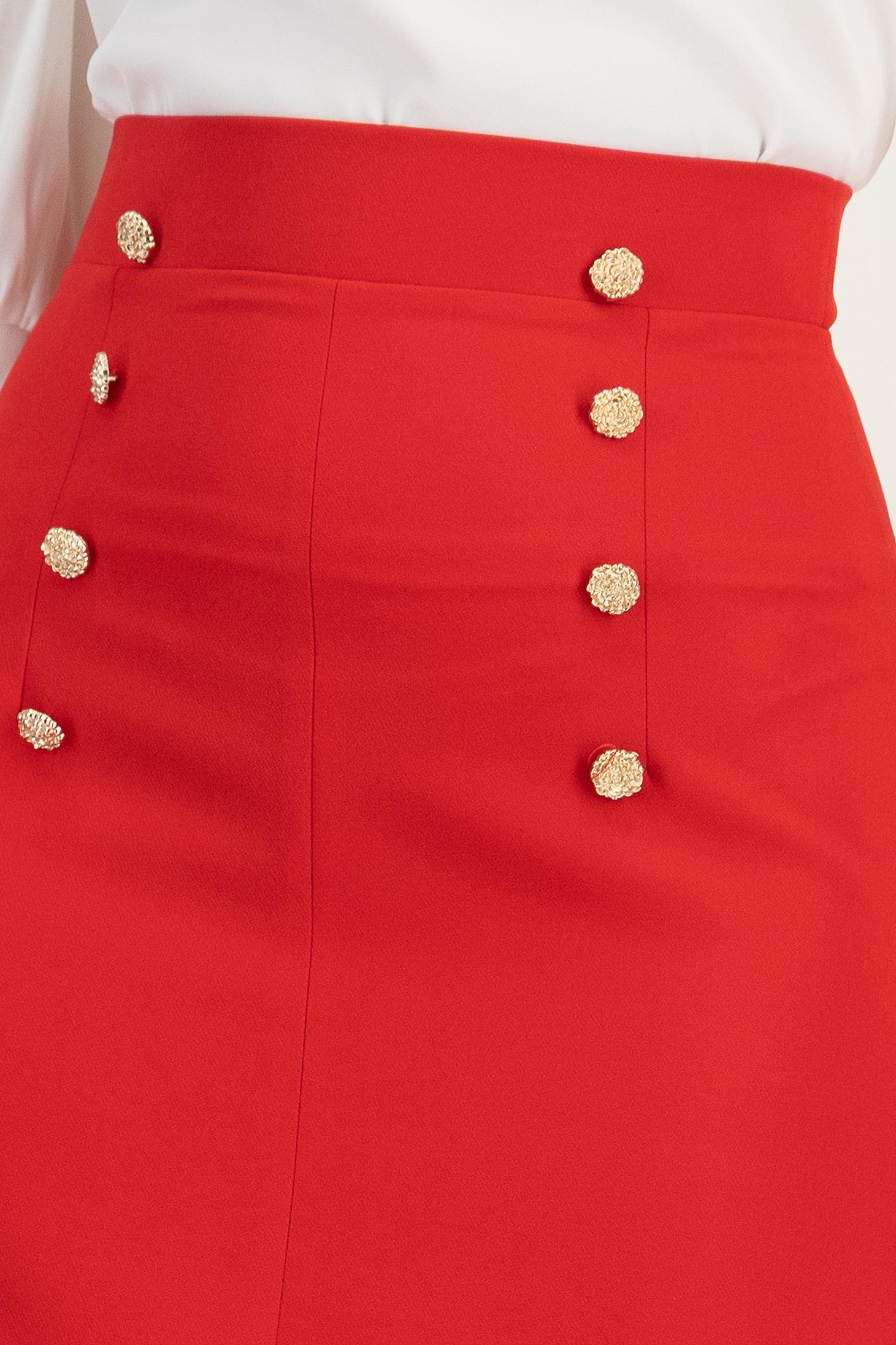 Fusta din stofa rosie midi in clini cu nasturi decorativi aurii - StarShinerS 6 - StarShinerS.ro