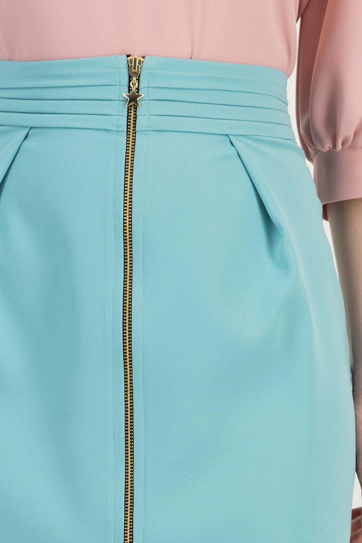 Fusta din stofa turcoaz scurta cu un croi drept si fermoar auriu frontal- StarShinerS 5 - StarShinerS.ro
