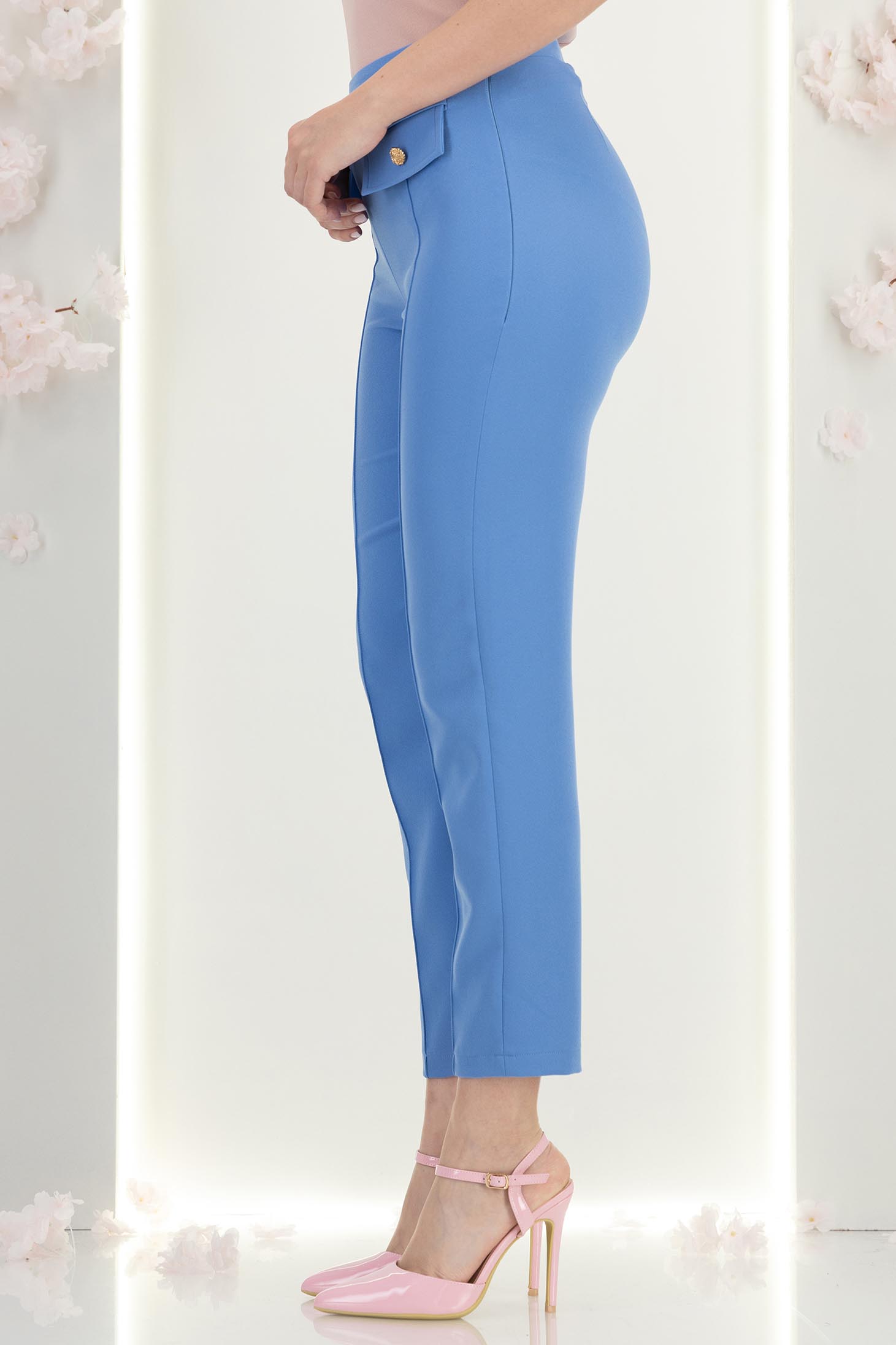 Pantaloni din stofa albastri deschis cu talie inalta conici cu buzunare false - StarShinerS 3 - StarShinerS.ro