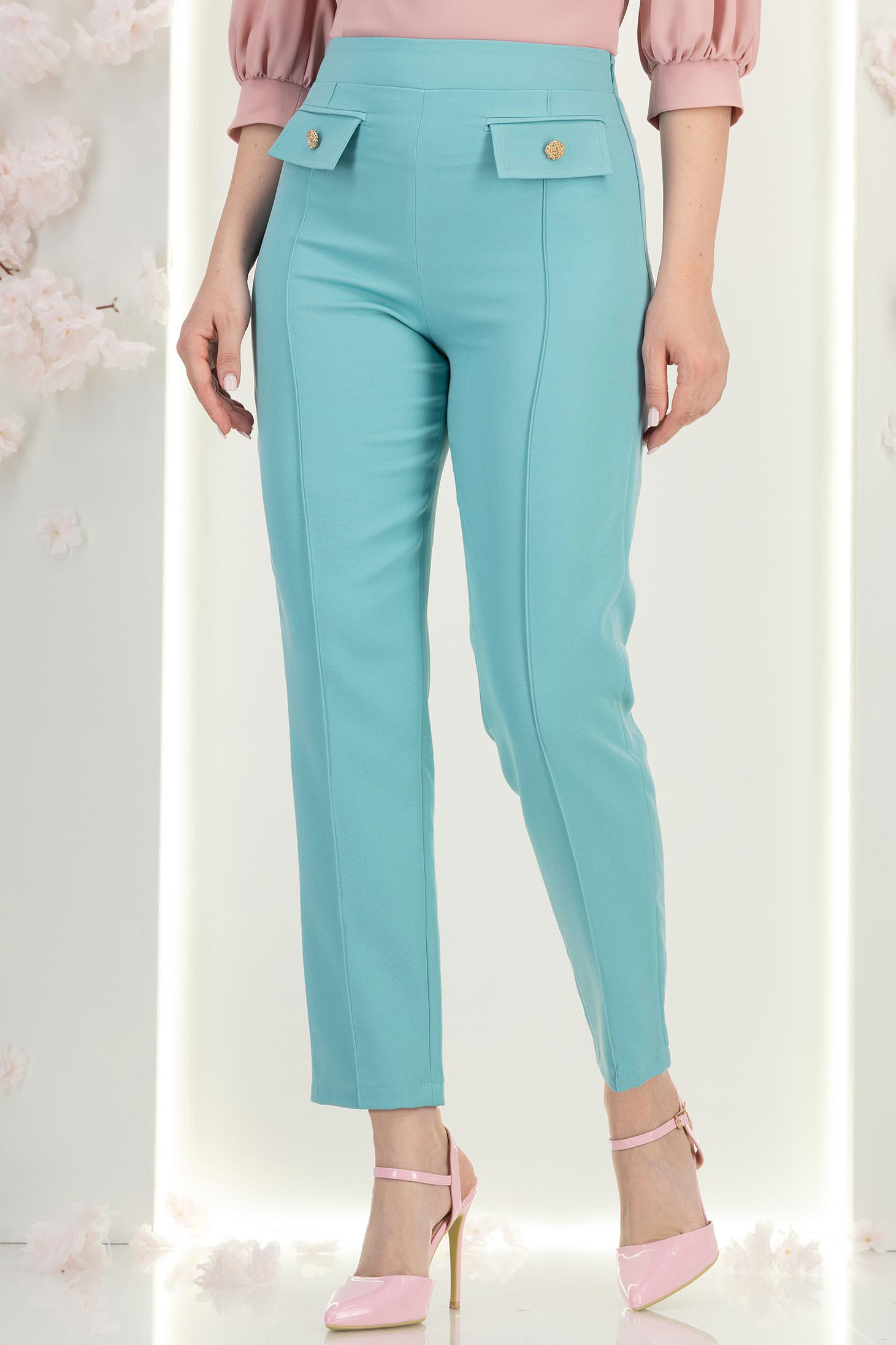 Pantaloni din stofa turcoaz cu talie inalta conici cu buzunare false - StarShinerS 4 - StarShinerS.ro