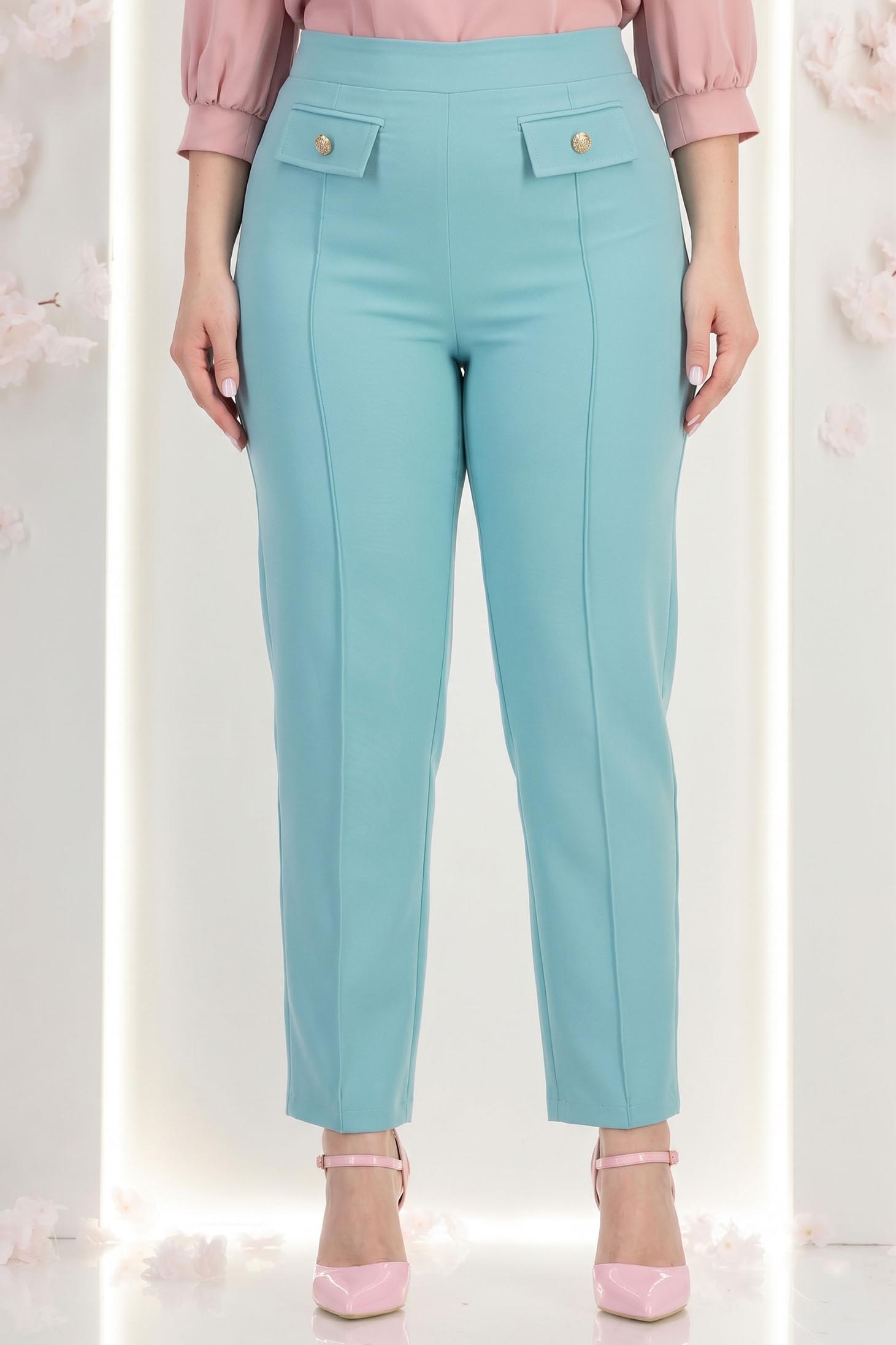 Pantaloni din stofa turcoaz cu talie inalta conici cu buzunare false - StarShinerS 2 - StarShinerS.ro