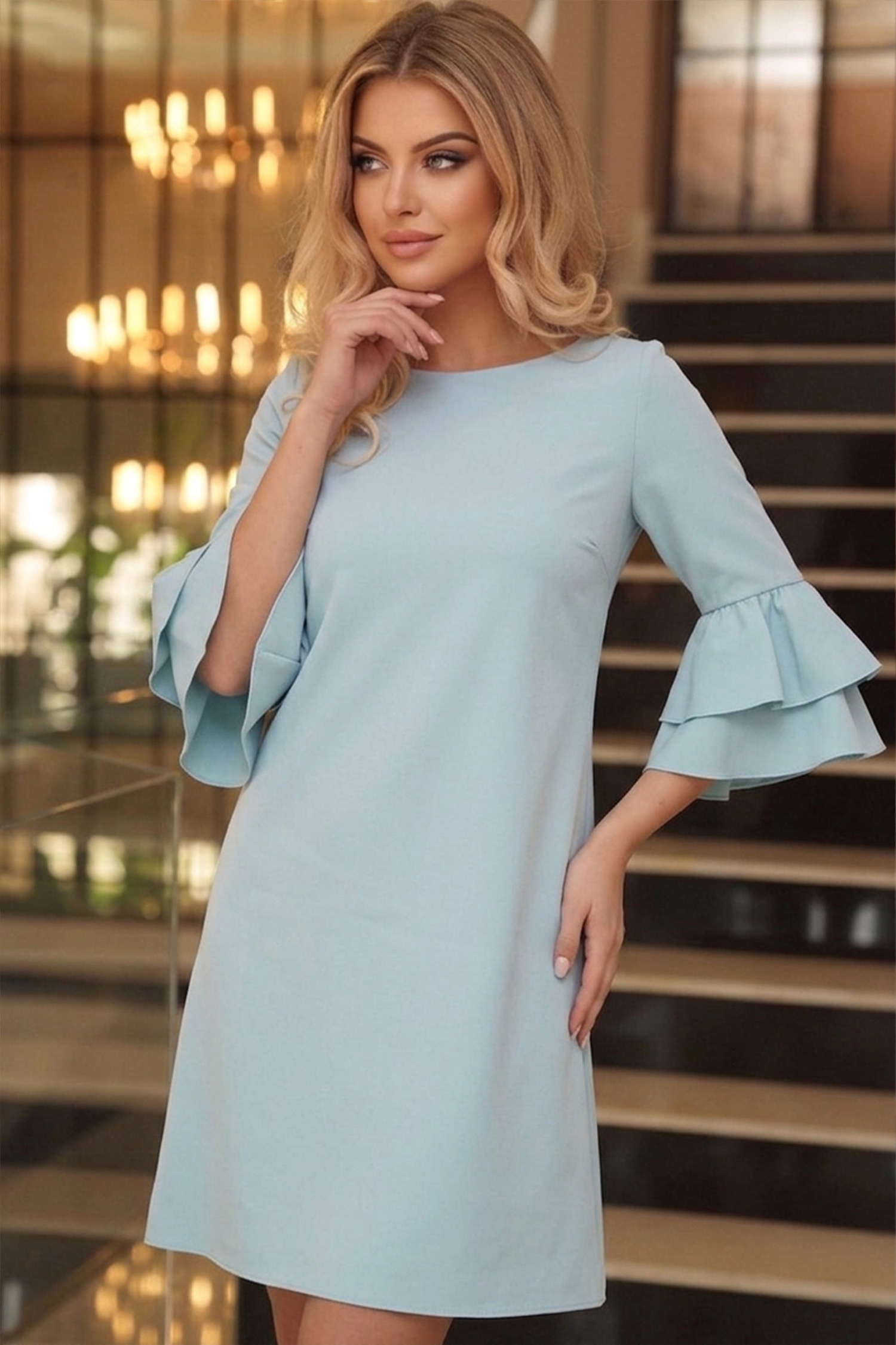 StarShinerS.ro Rochie din stofa mint scurta cu croi larg si mâneci tip clopot - StarShinerS
