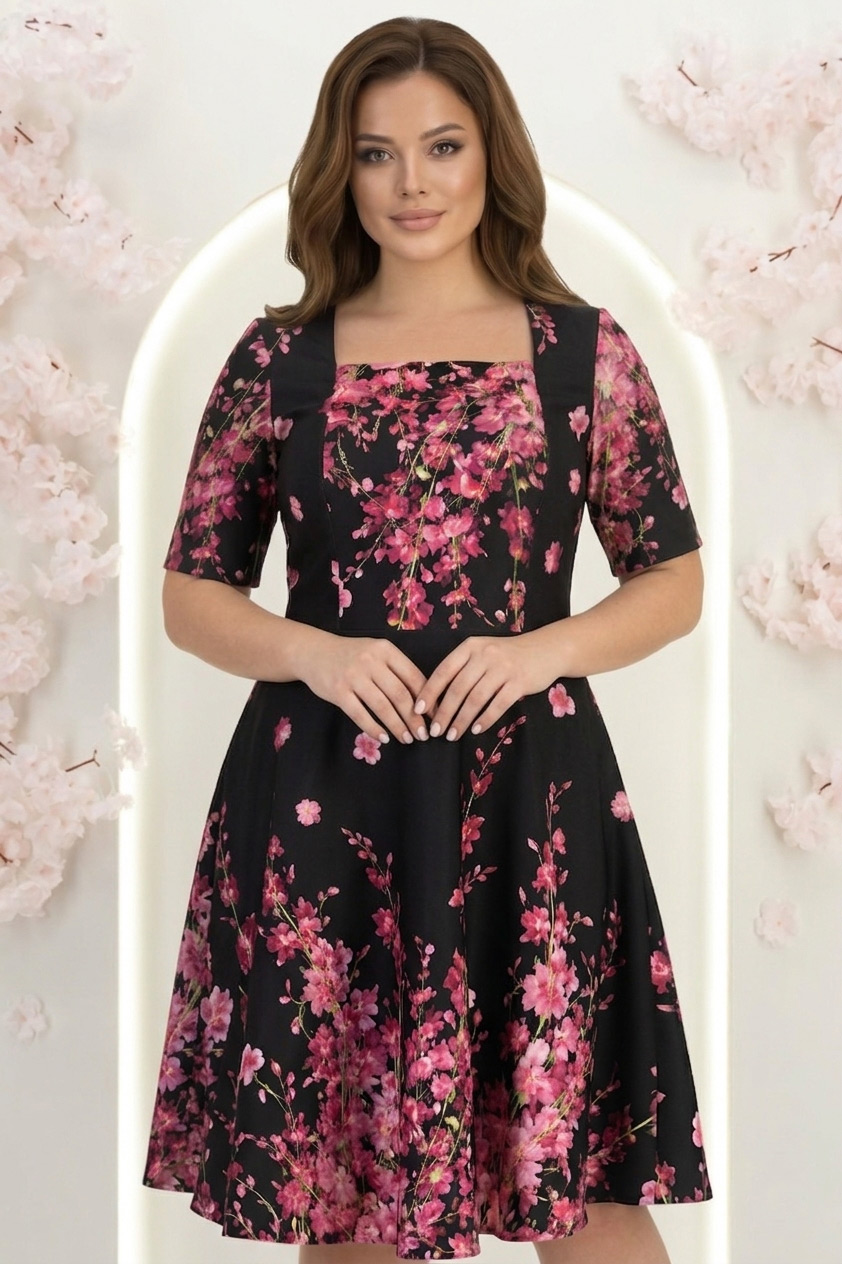 Rochie neagra până la genunchi in clos cu imprimeu floral- StarShinerS 1 - StarShinerS.ro