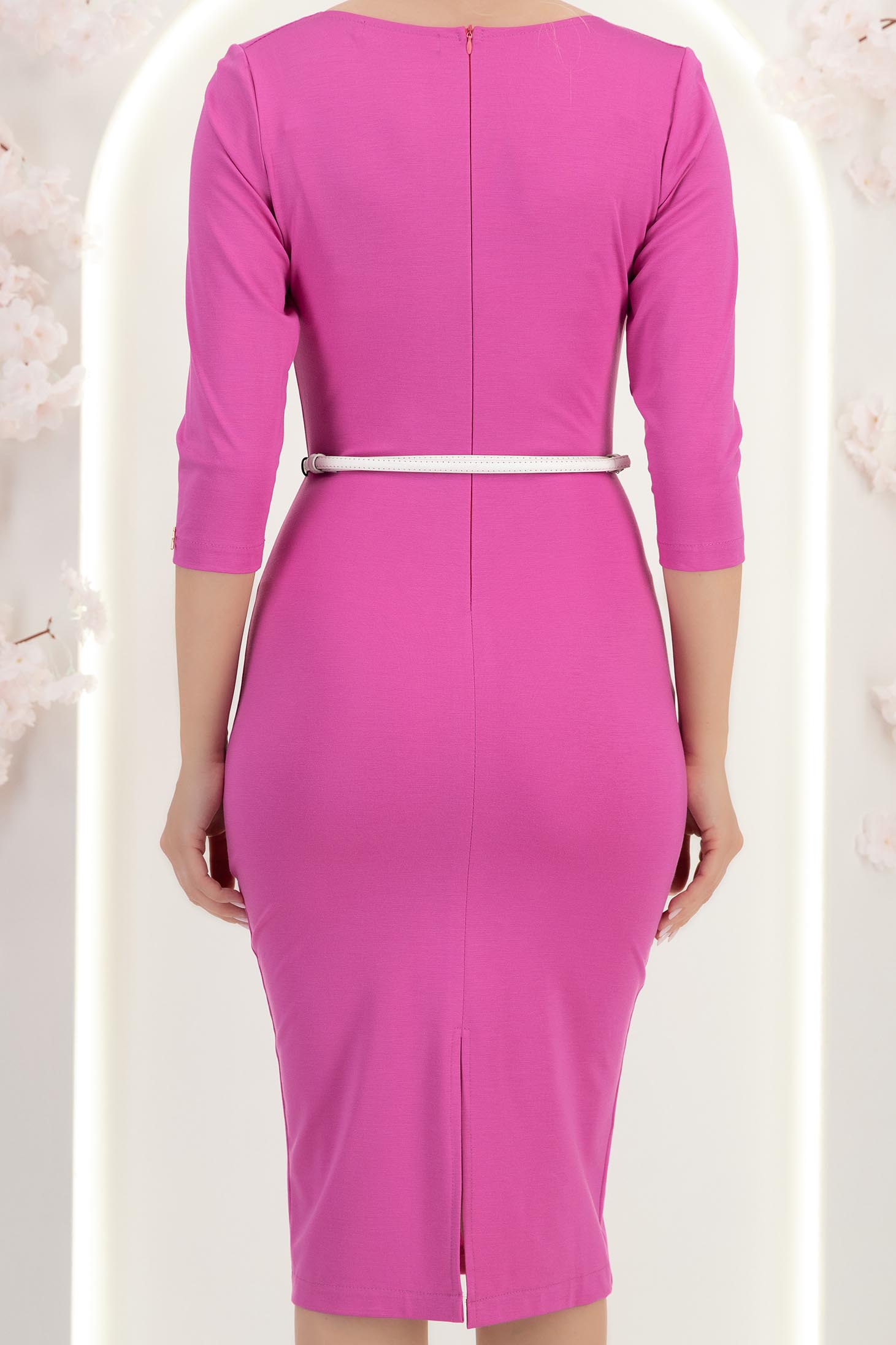 Rochie din modal roz midi tip creion cu decolteu cazut si curea - StarShinerS 7 - StarShinerS.ro
