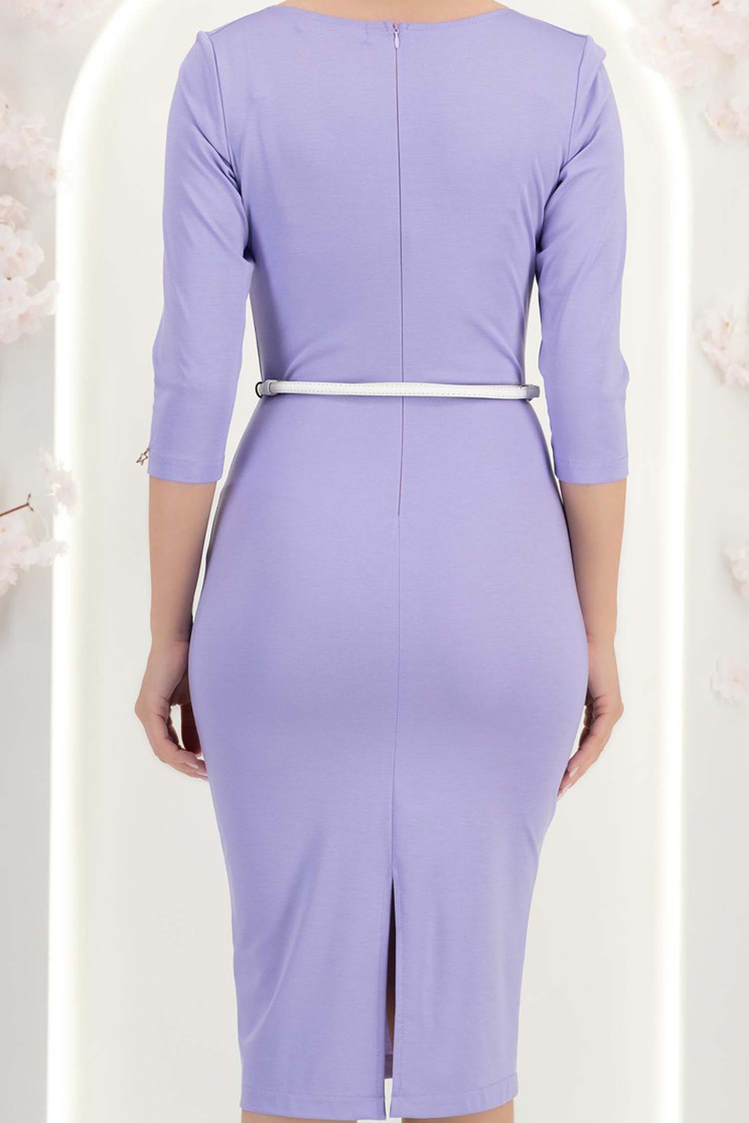 Rochie din modal lila midi tip creion cu decolteu cazut si curea - StarShinerS 7 - StarShinerS.ro