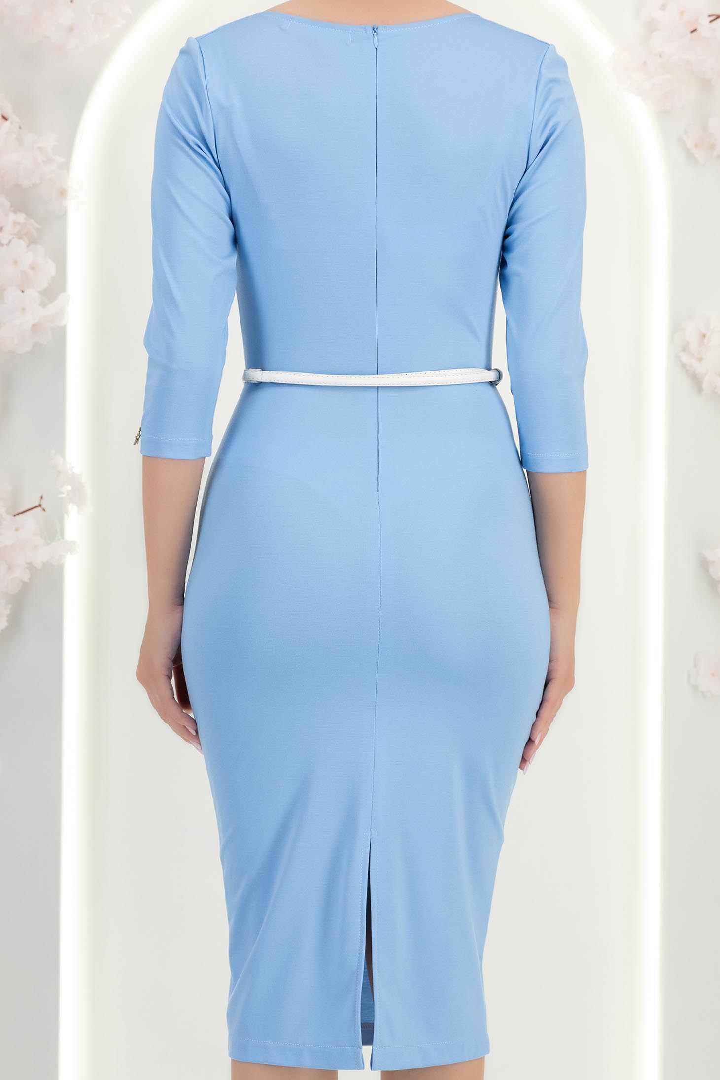 Rochie din modal albastra-deschis midi tip creion cu decolteu cazut si curea - StarShinerS 6 - StarShinerS.ro