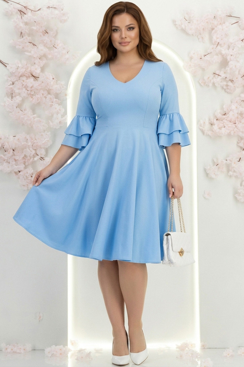 Rochie din modal albastru-deschis midi in clos cu mâneci tip clopot - StarShinerS 1 - StarShinerS.ro