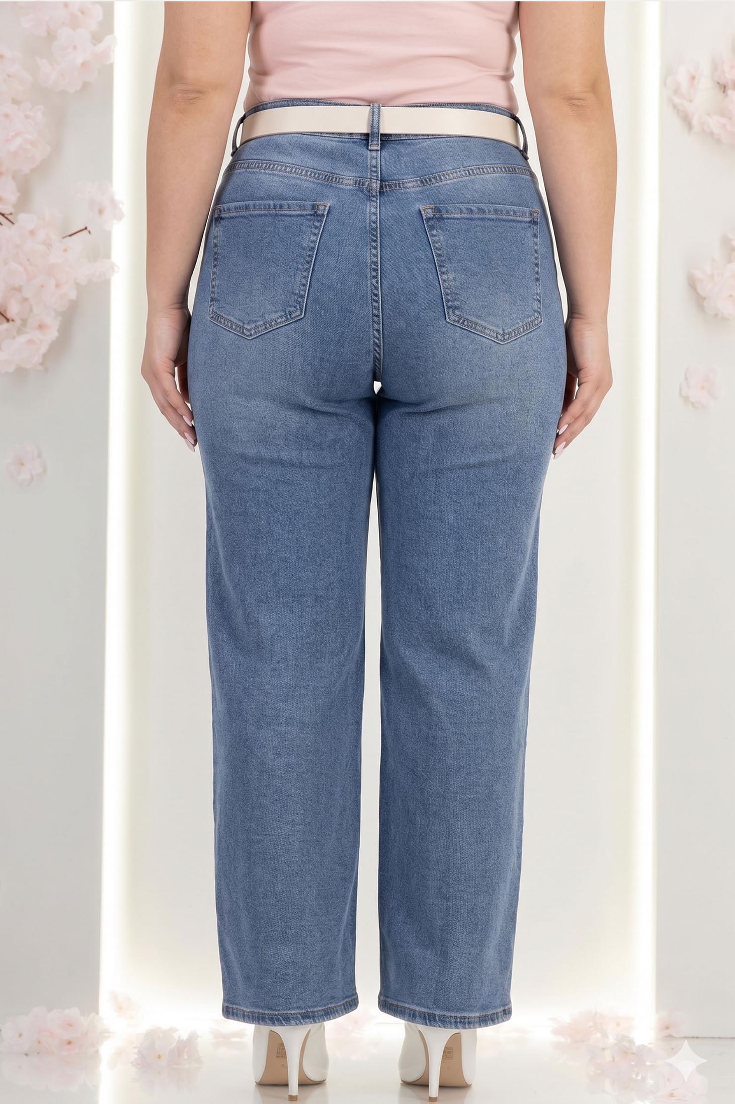 Blugi albastri wide leg cu buzunare laterale si accesoriu tip curea 2 - StarShinerS.ro