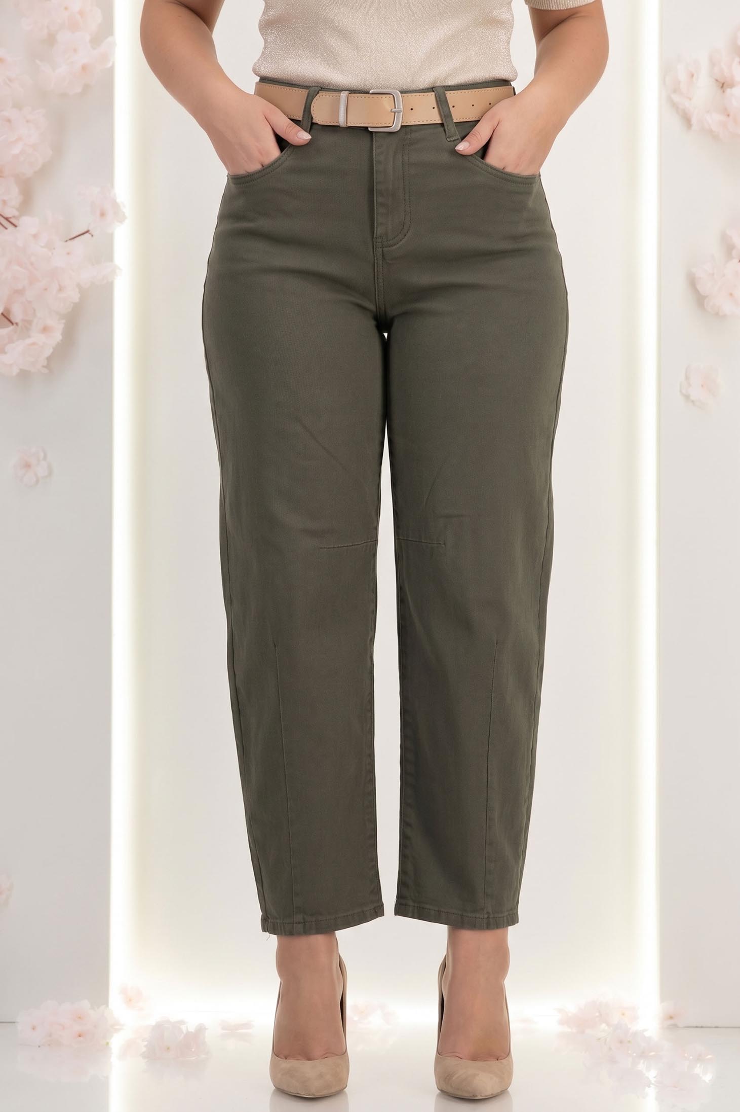 Blugi kaki cu talie inalta mom fit cu accesoriu tip curea 2 - StarShinerS.ro