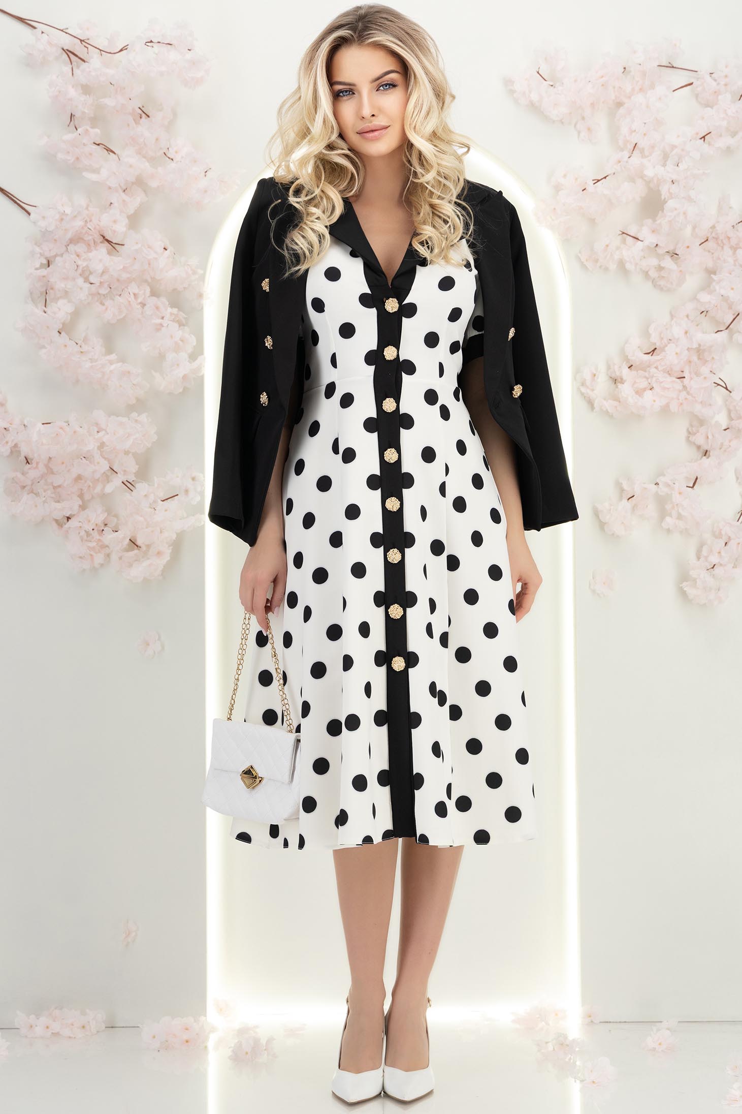Rochie din stofa alba cu buline midi in clos cu nasturi aurii decorativi - StarShinerS 4 - StarShinerS.ro