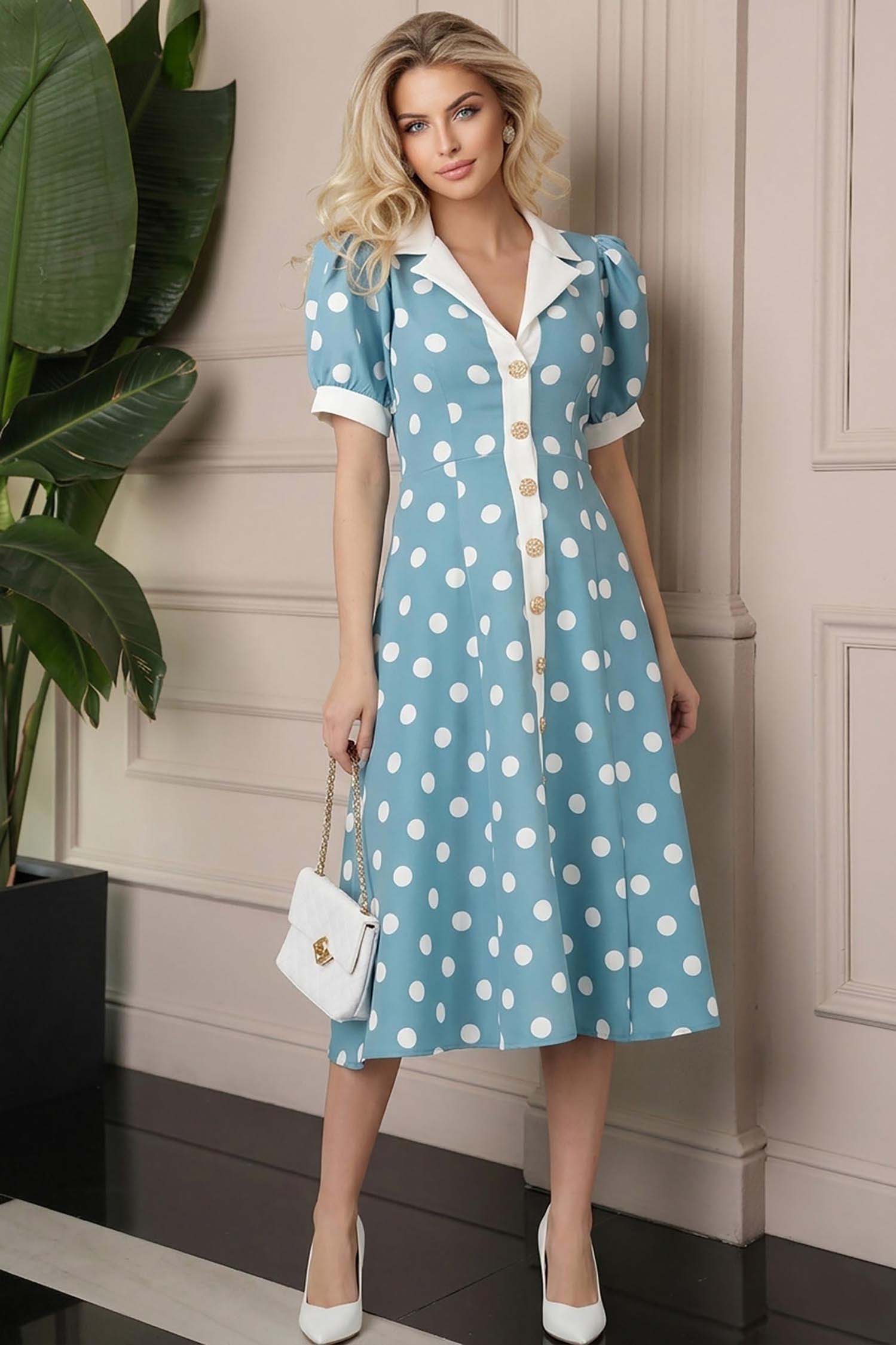 StarShinerS.ro Rochie din stofa turcoaz cu buline midi in clos cu nasturi aurii decorativi - StarShinerS