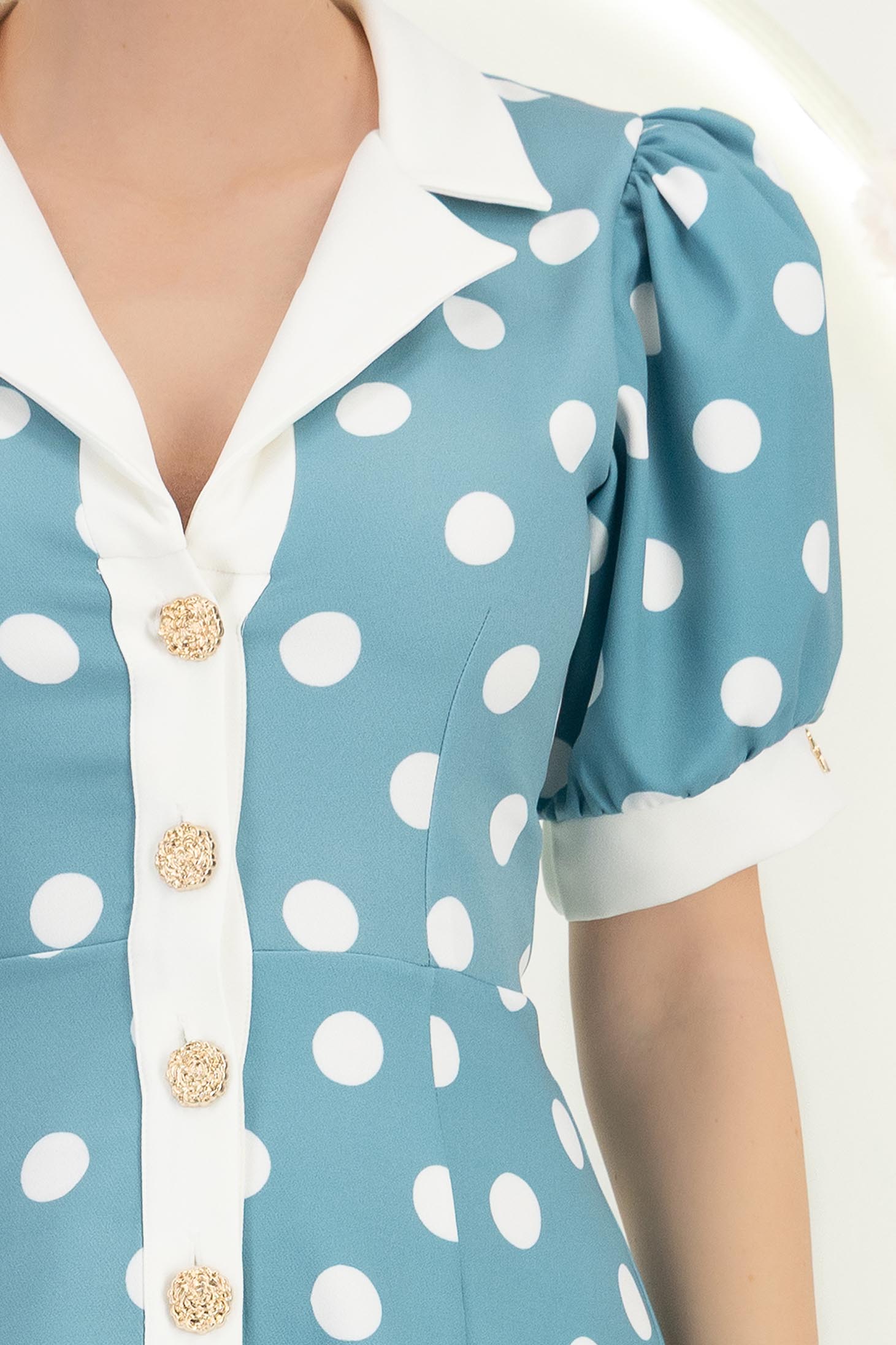 Rochie din stofa turcoaz cu buline midi in clos cu nasturi aurii decorativi - StarShinerS 5 - StarShinerS.ro
