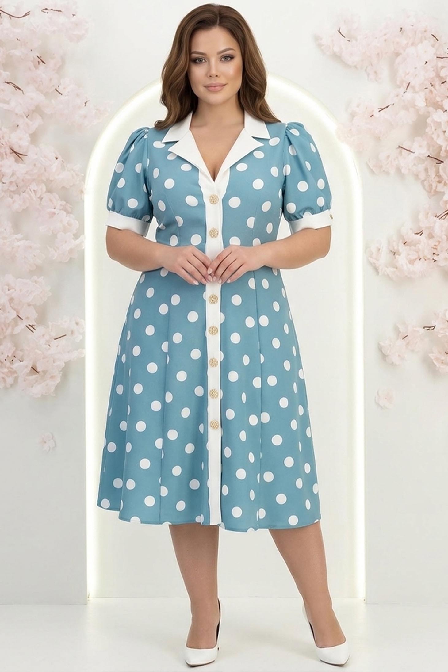 Rochie din stofa turcoaz cu buline midi in clos cu nasturi aurii decorativi - StarShinerS 1 - StarShinerS.ro