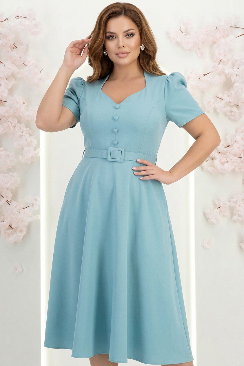 Rochie din stofa turcoaz midi in clos cu accesoriu tip curea - StarShinerS 1 - StarShinerS.ro