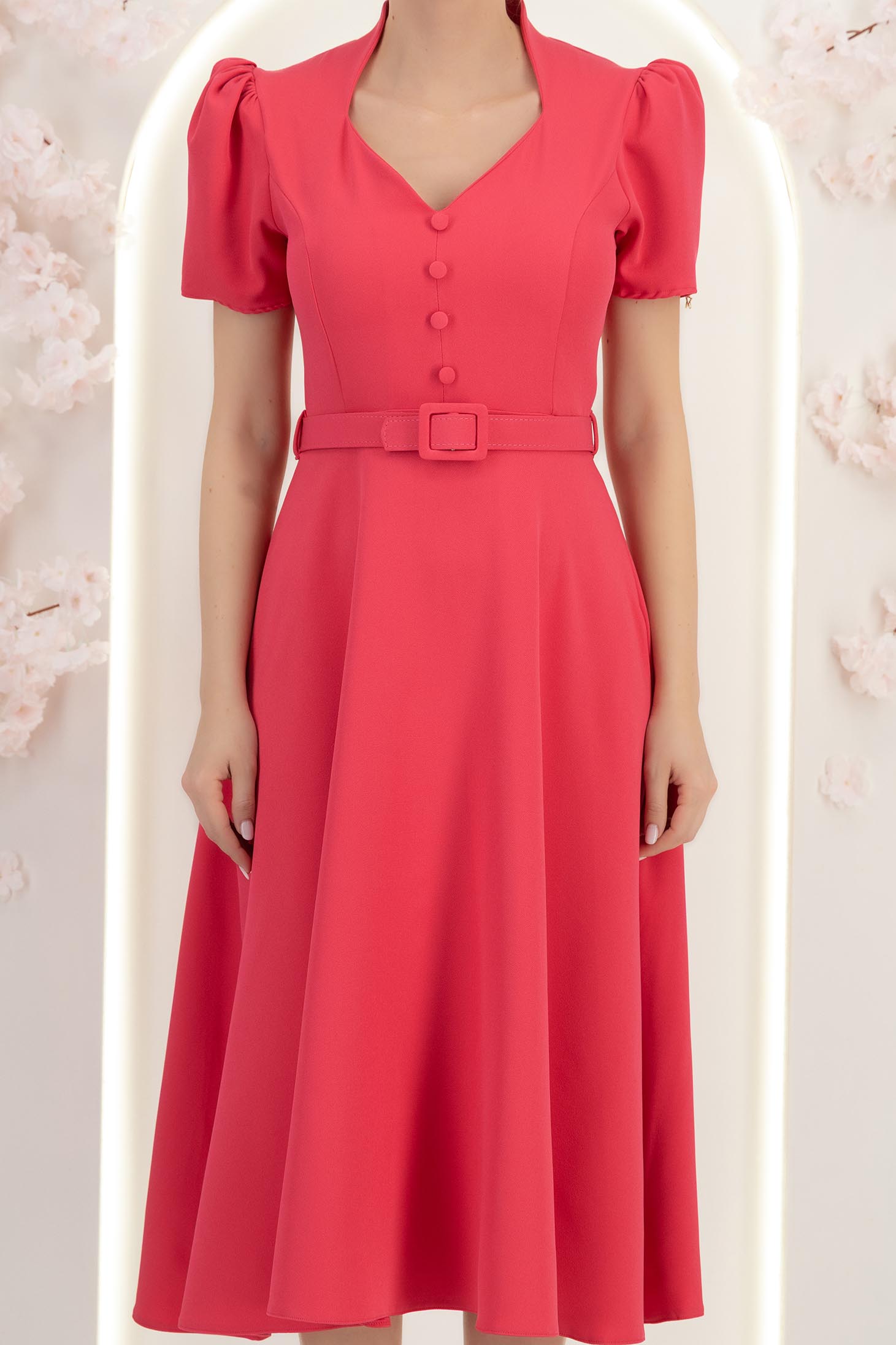 Rochie din stofa roz midi in clos cu accesoriu tip curea - StarShinerS 7 - StarShinerS.ro