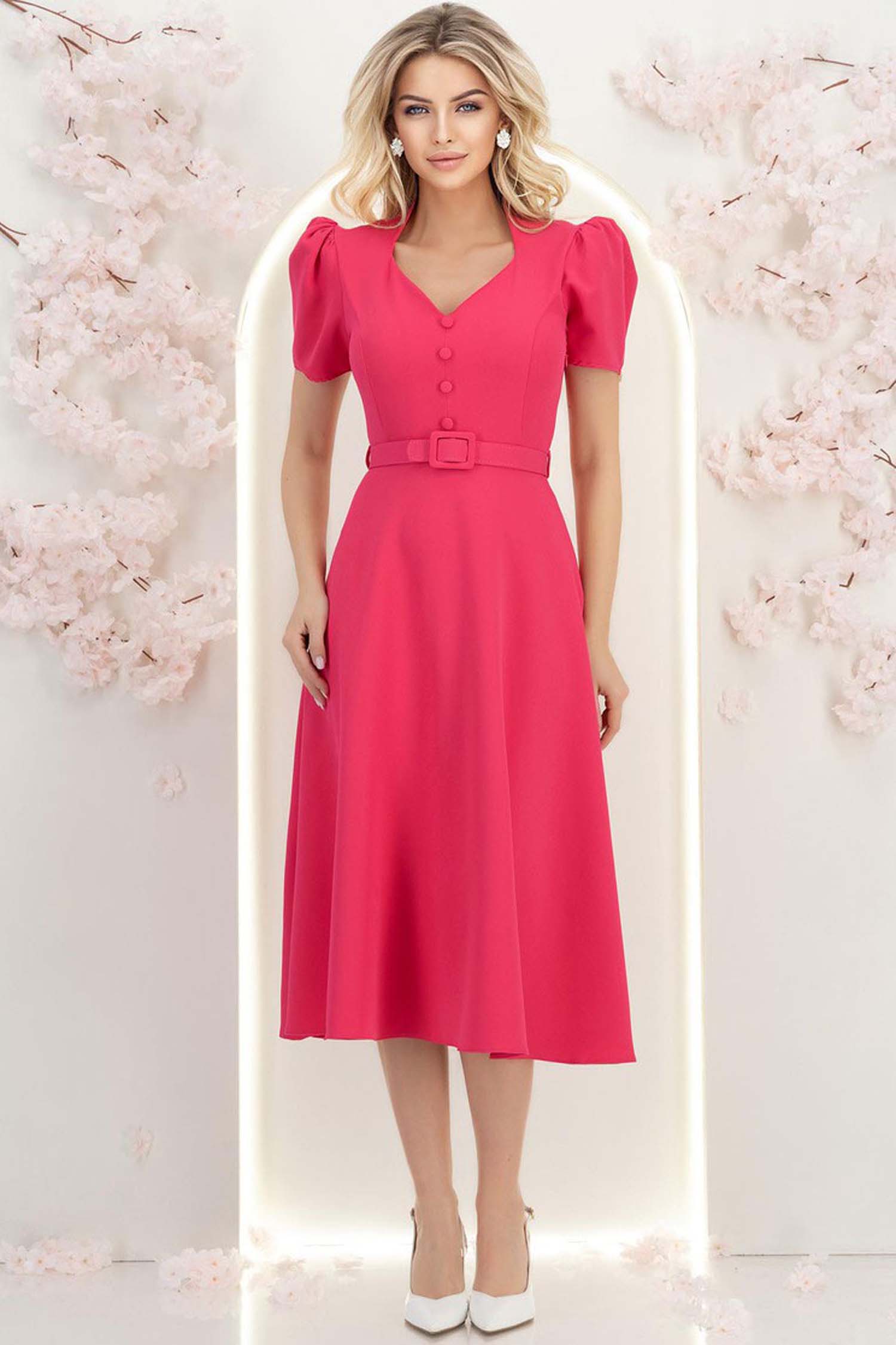 Rochie din stofa roz midi in clos cu accesoriu tip curea - StarShinerS 5 - StarShinerS.ro