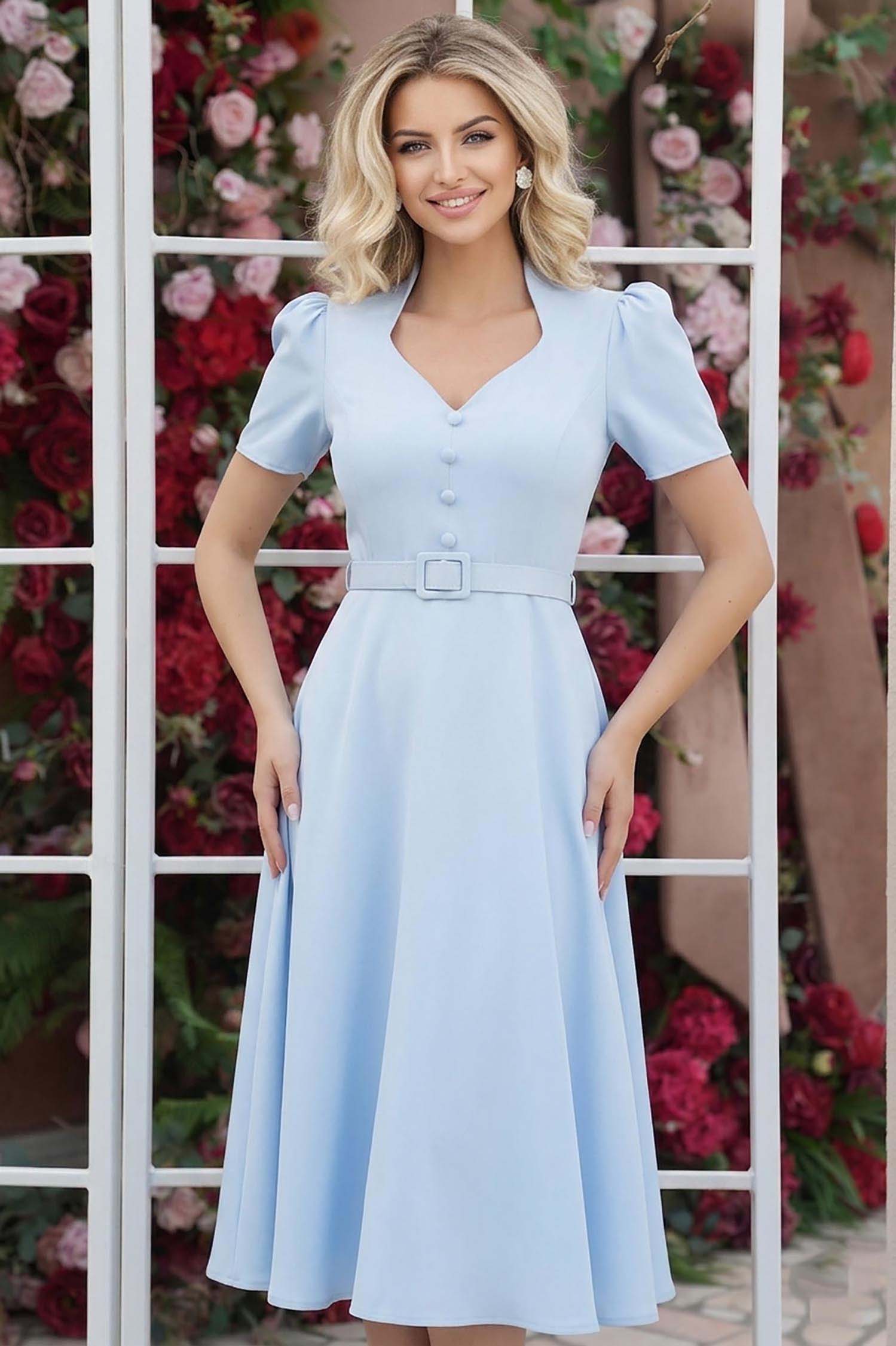 StarShinerS.ro Rochie din stofa albastra-deschis midi in clos cu accesoriu tip curea - StarShinerS
