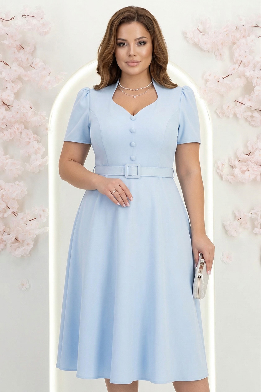 Rochie din stofa albastra-deschis midi in clos cu accesoriu tip curea - StarShinerS 1 - StarShinerS.ro