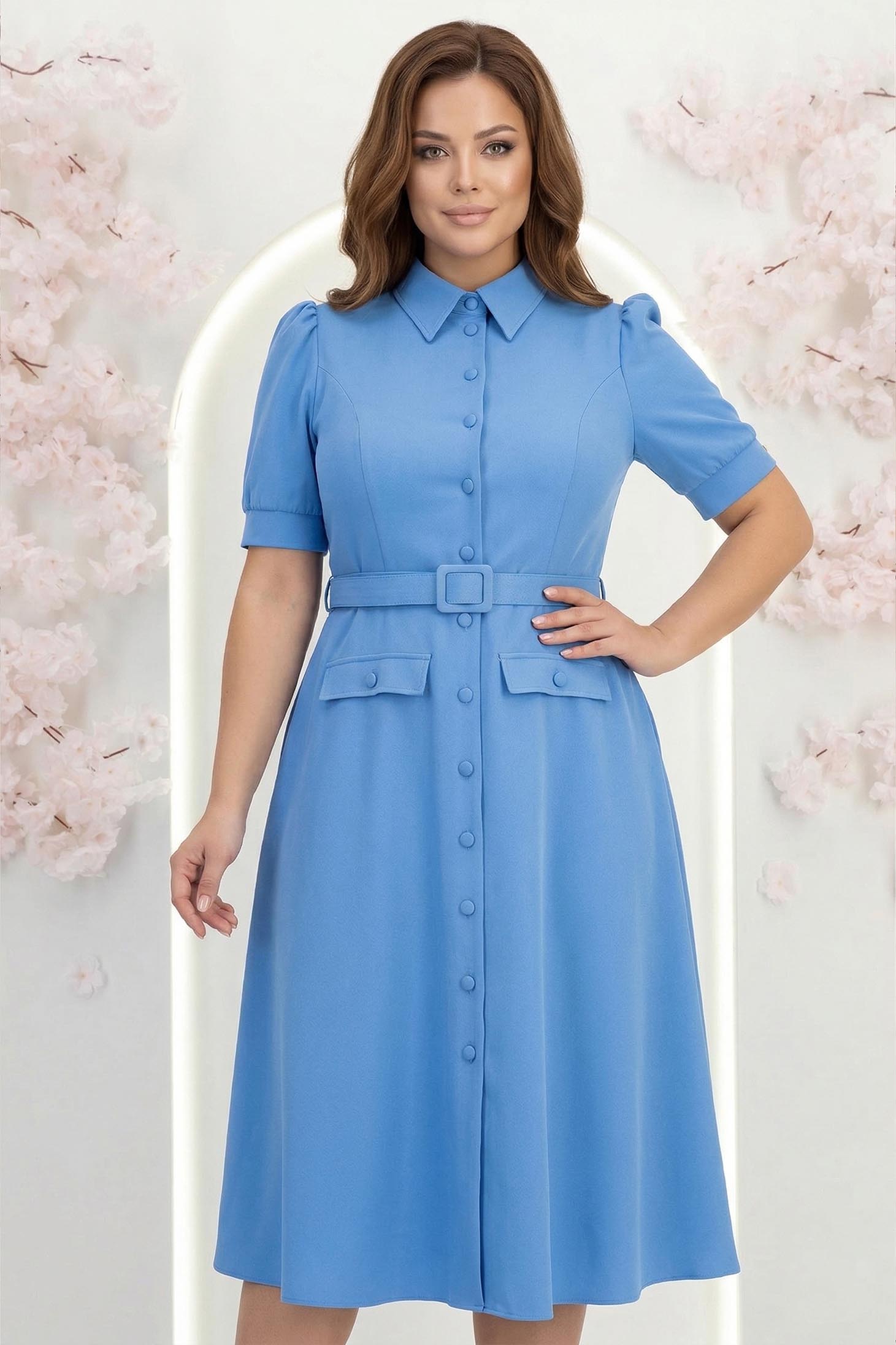 Rochie din stofa albastru-deschis midi in clos cu accesoriu tip curea si buzunare false - StarShinerS 1 - StarShinerS.ro