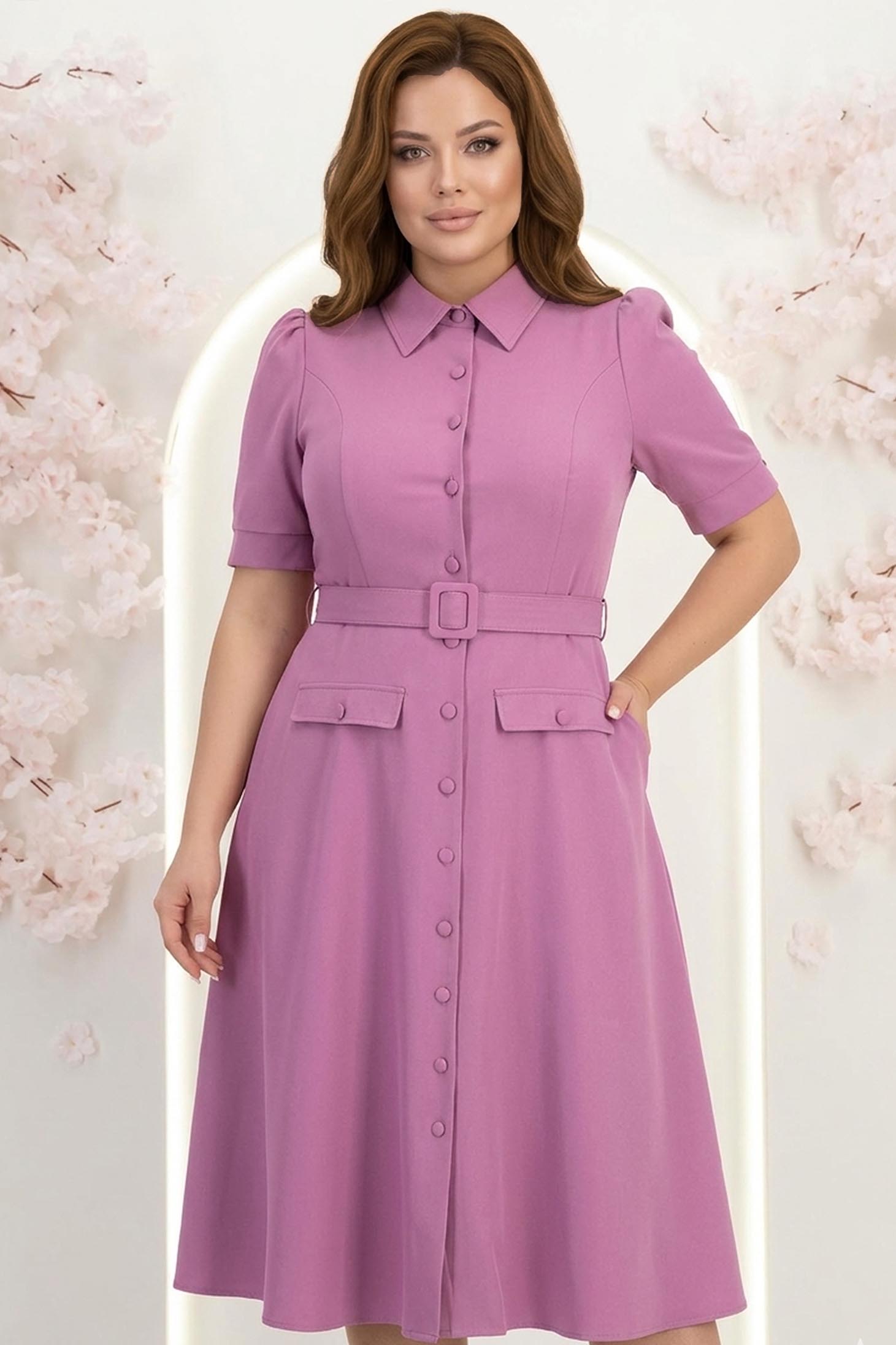 Rochie din stofa mov midi in clos cu accesoriu tip curea si buzunare false - StarShinerS 1 - StarShinerS.ro