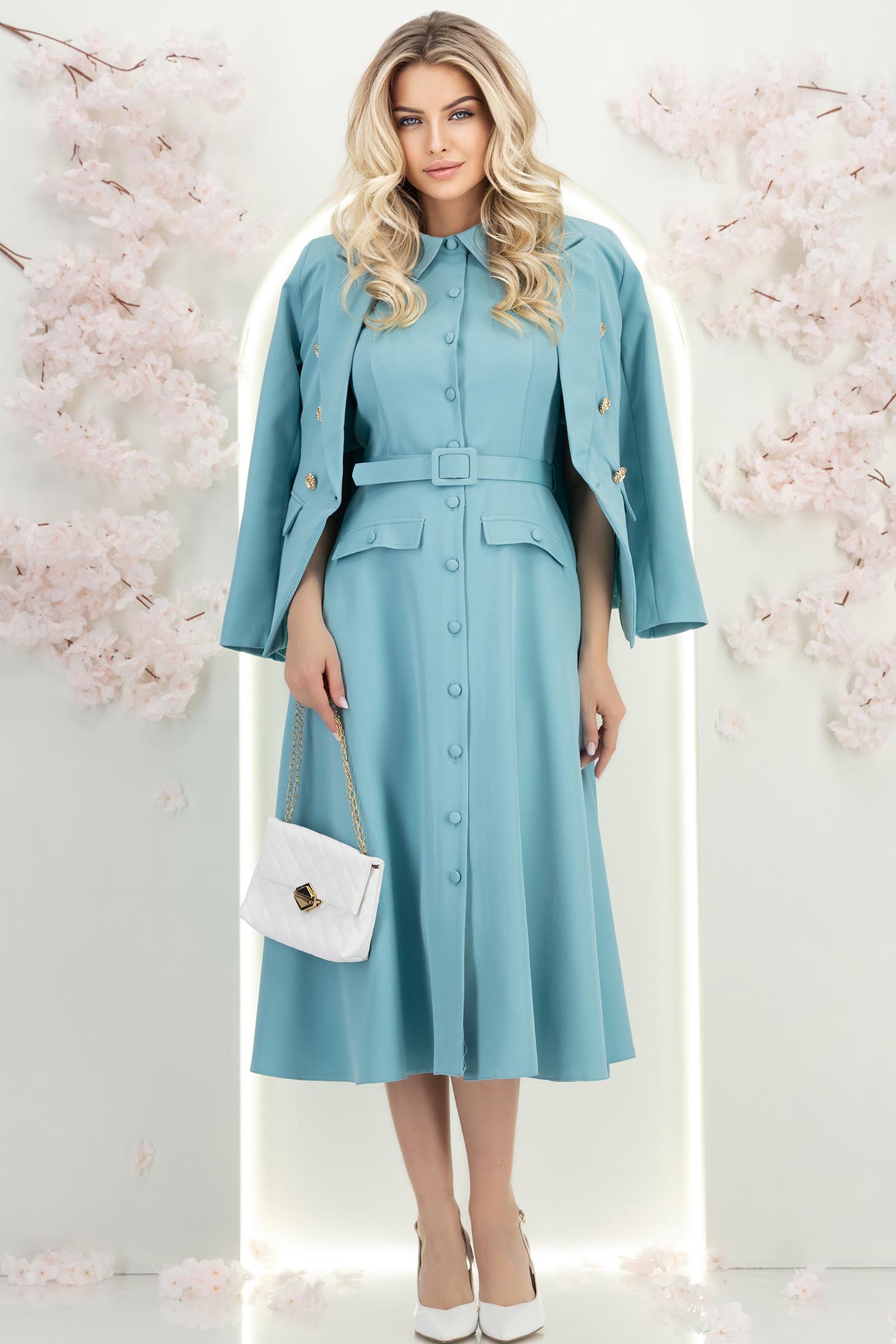 Rochie din stofa turcoaz midi in clos cu accesoriu tip curea si buzunare false- StarShinerS 4 - StarShinerS.ro