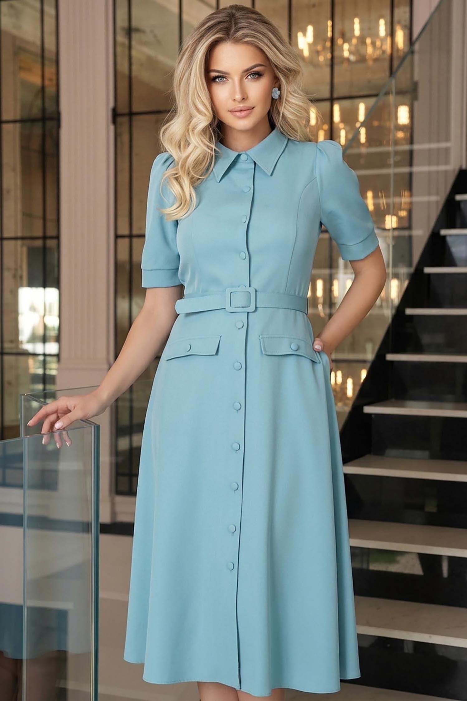 StarShinerS.ro Rochie din stofa turcoaz midi in clos cu accesoriu tip curea si buzunare false- StarShinerS
