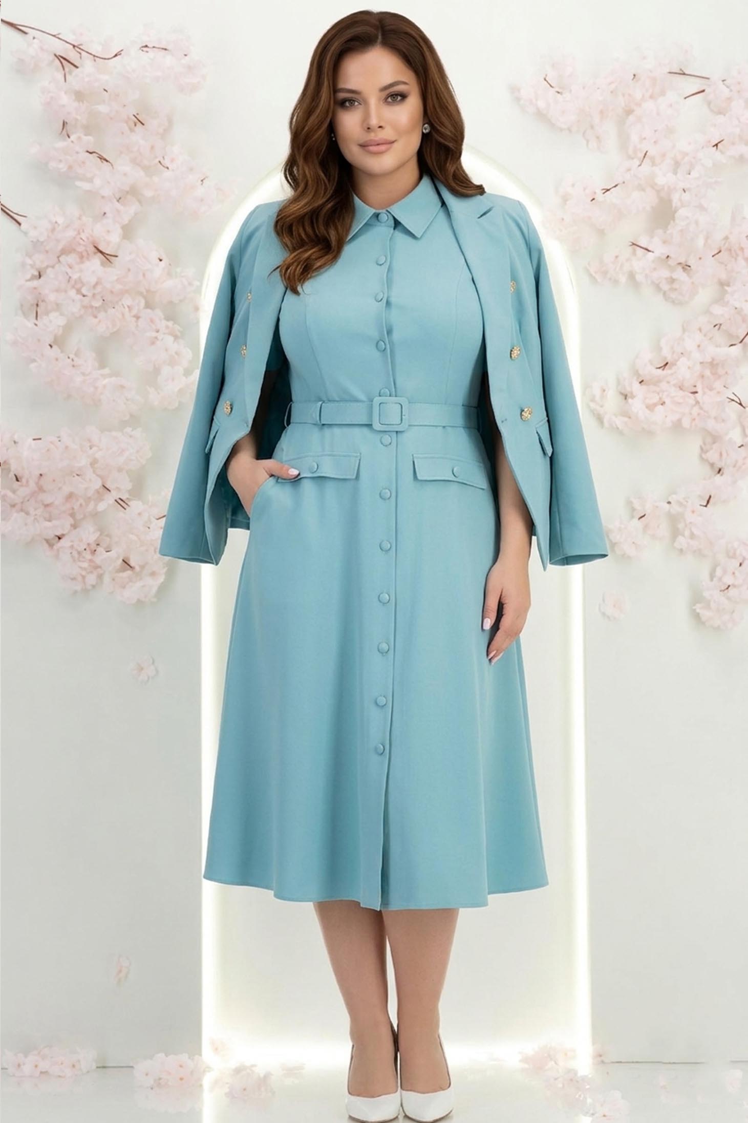 Rochie din stofa turcoaz midi in clos cu accesoriu tip curea si buzunare false- StarShinerS 2 - StarShinerS.ro